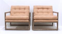 Pair of Milo Baughman Grey Cerused Oak Scoop Cube Lounge Chairs