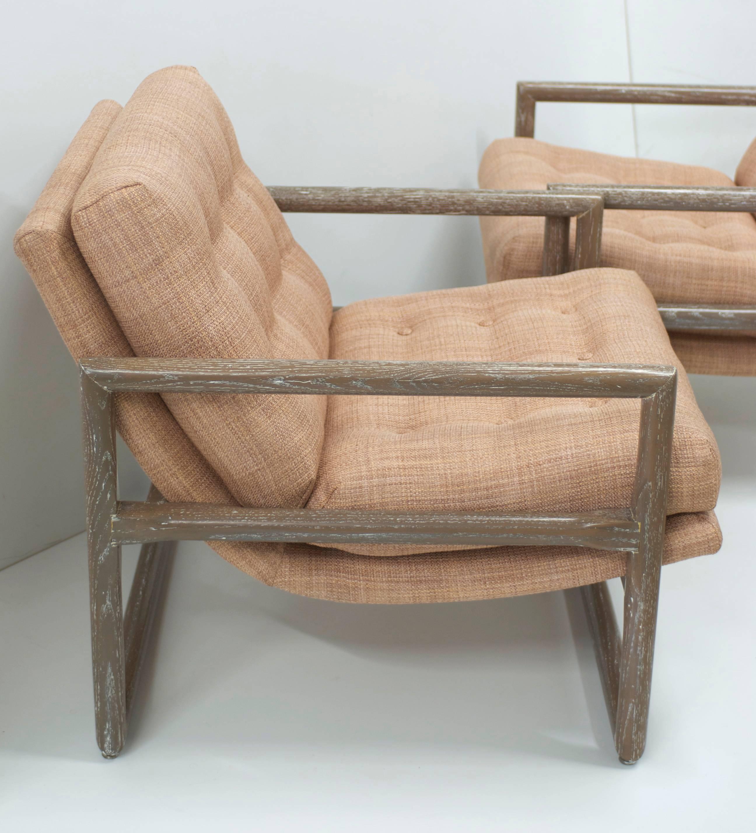 20th Century Pair of Milo Baughman Grey Cerused Oak Scoop Cube Lounge Chairs