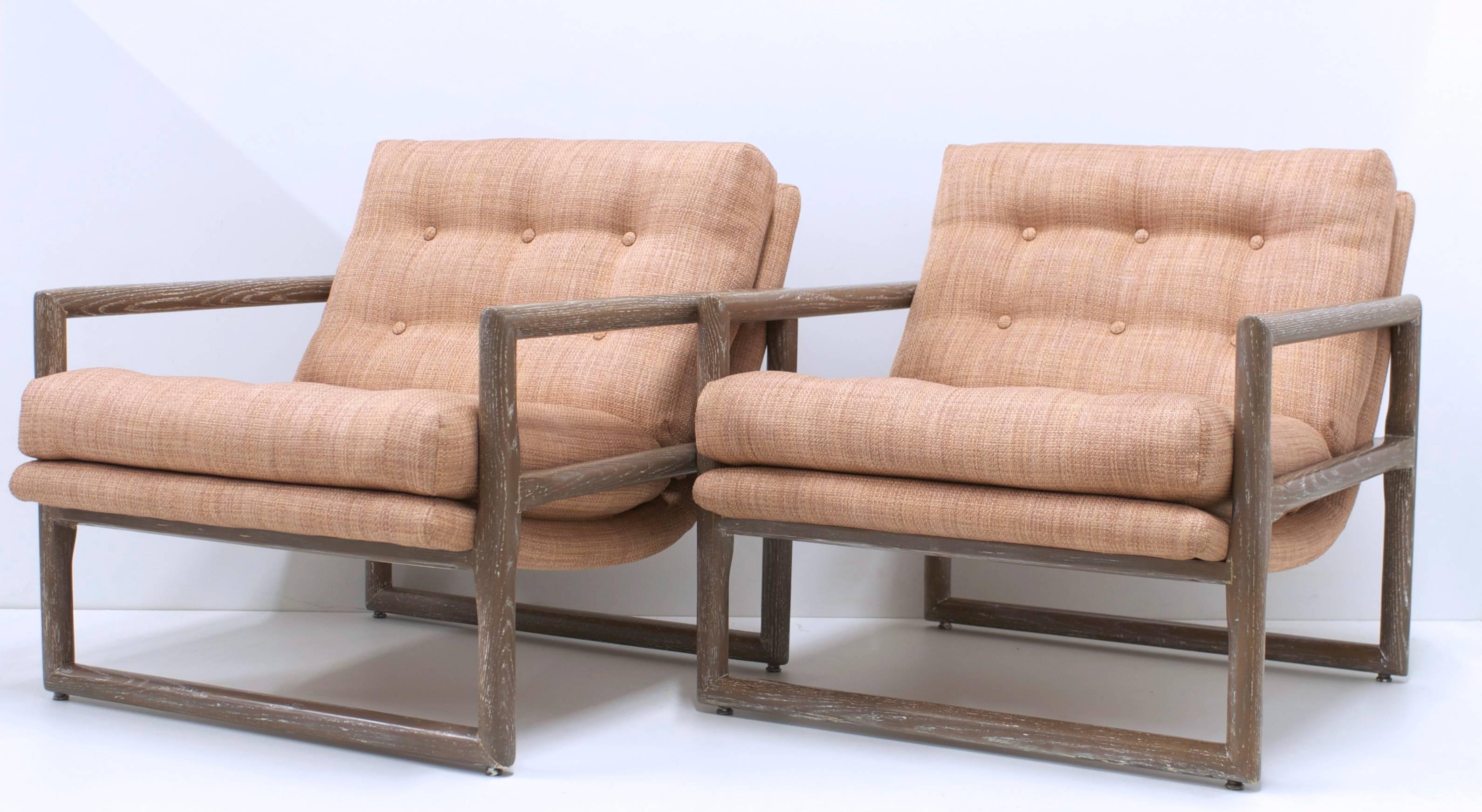 Mid-Century Modern Pair of Milo Baughman Grey Cerused Oak Scoop Cube Lounge Chairs