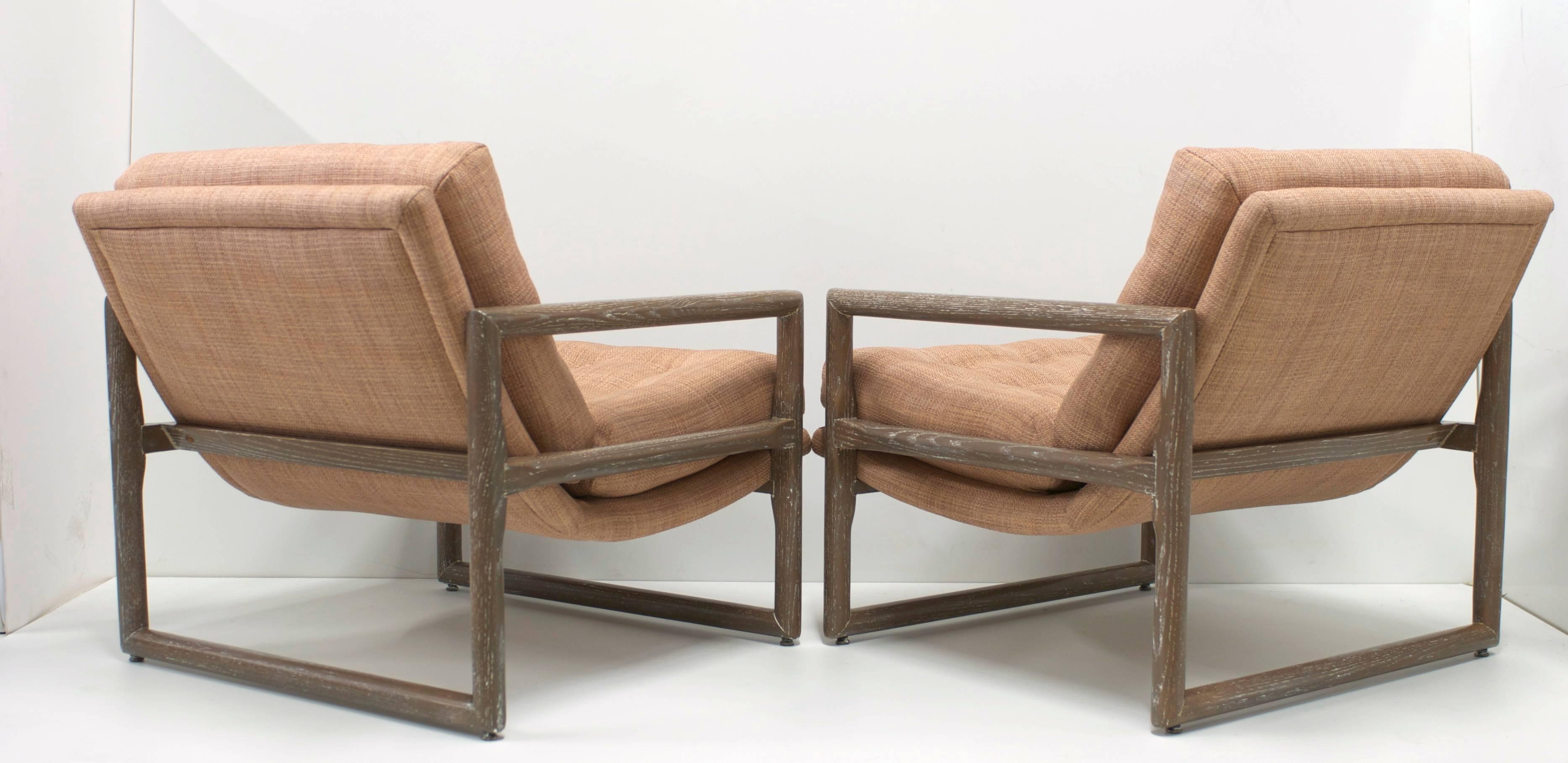 Pair of Milo Baughman Grey Cerused Oak Scoop Cube Lounge Chairs In Excellent Condition In Palm Springs, CA