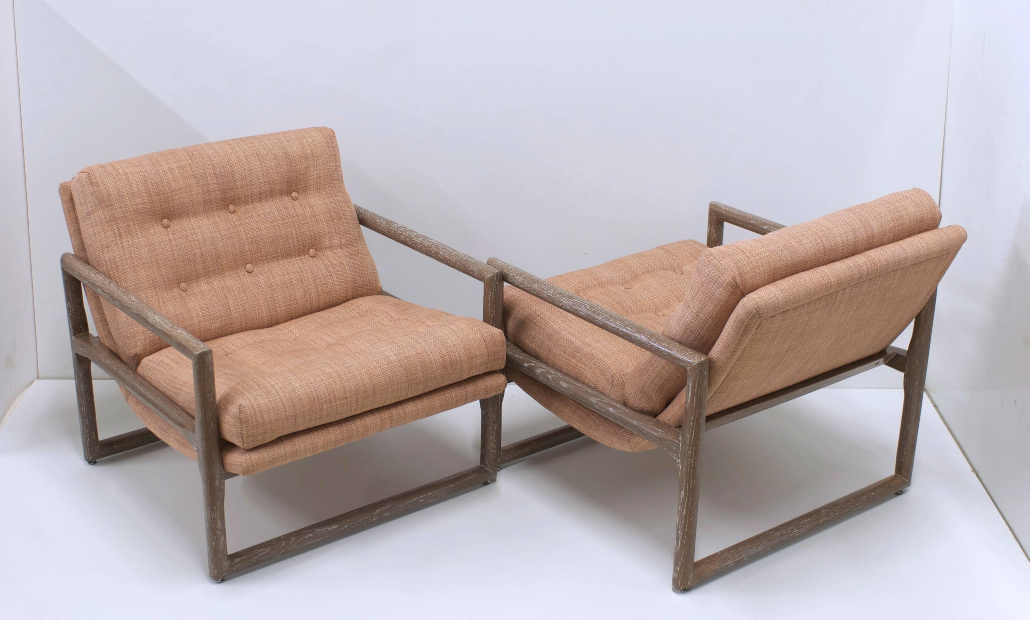 North American Pair of Milo Baughman Grey Cerused Oak Scoop Cube Lounge Chairs