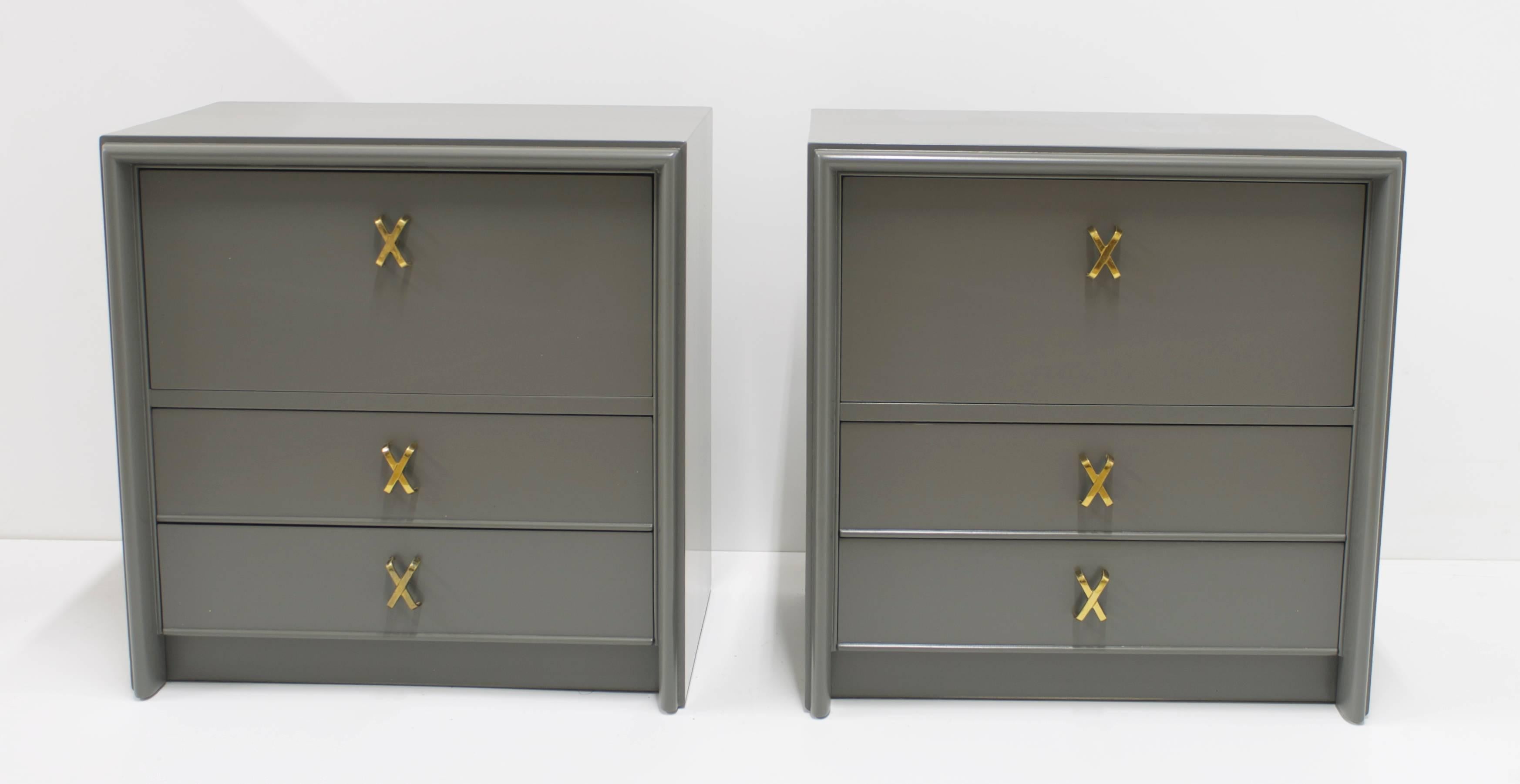 Mid-Century Modern Pair of Grey Paul Frankl Nightstands with Brass X-Pulls