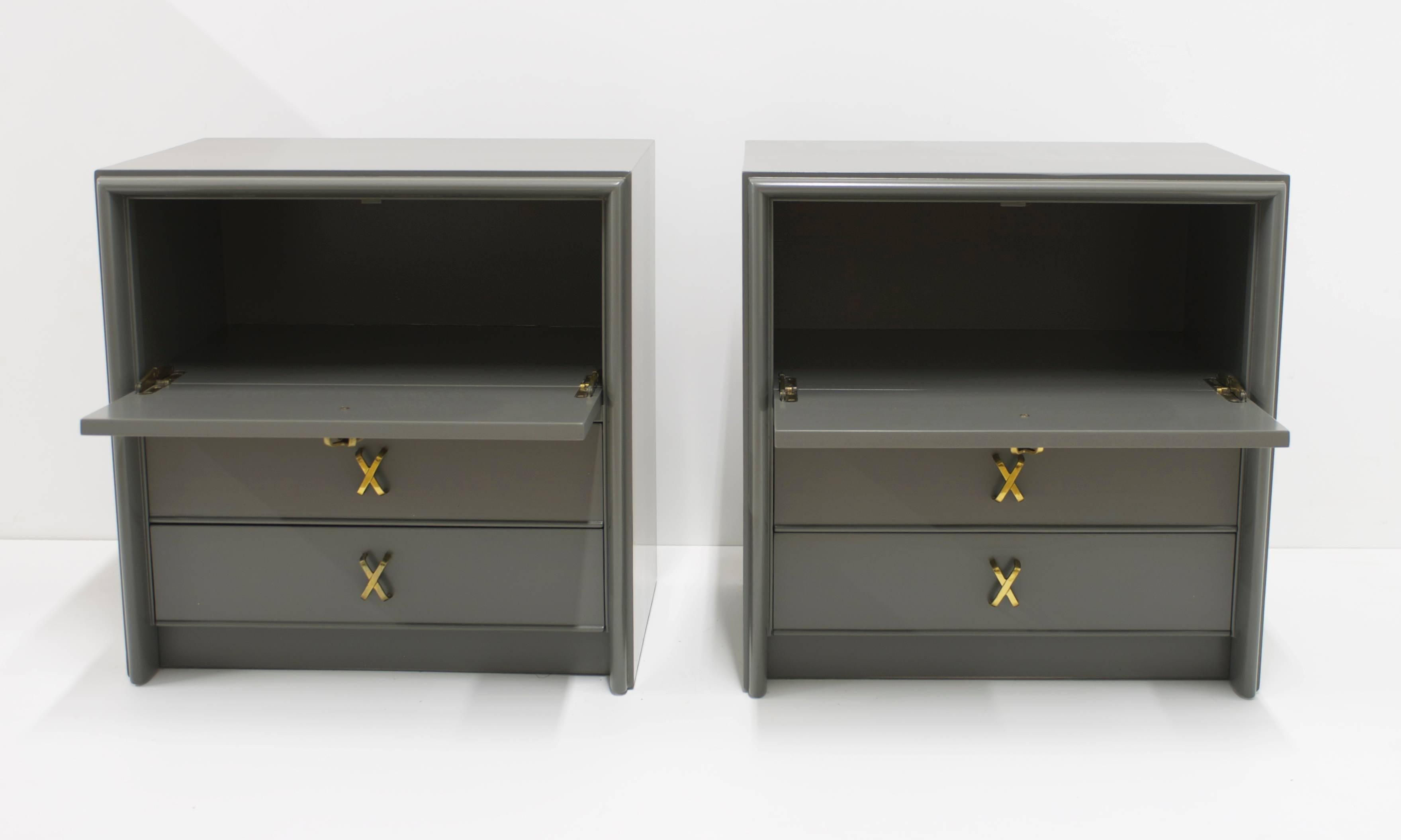 American Pair of Grey Paul Frankl Nightstands with Brass X-Pulls