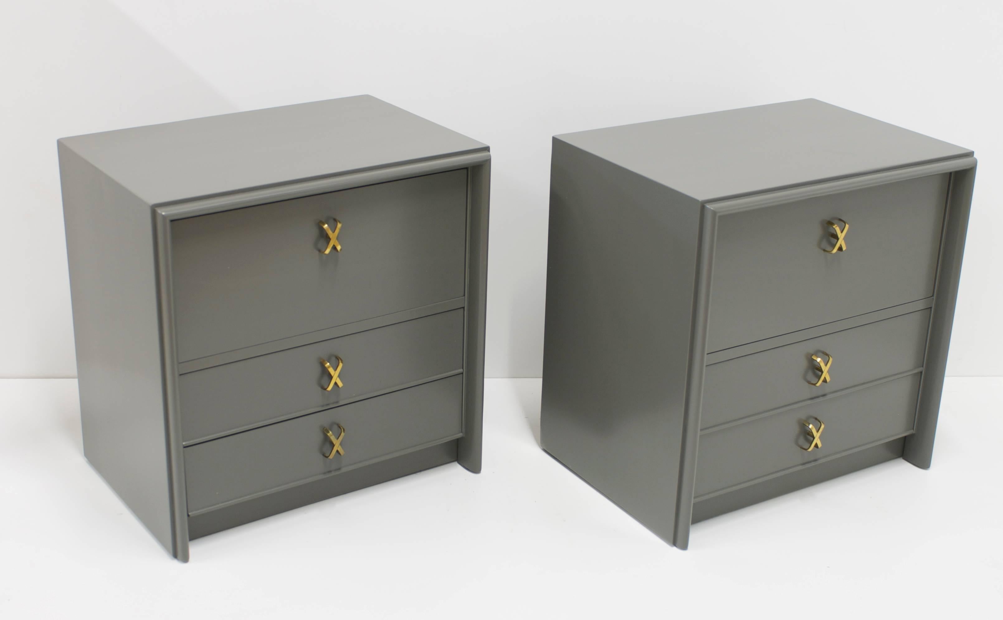 Pair of Grey Paul Frankl Nightstands with Brass X-Pulls In Excellent Condition In Palm Springs, CA