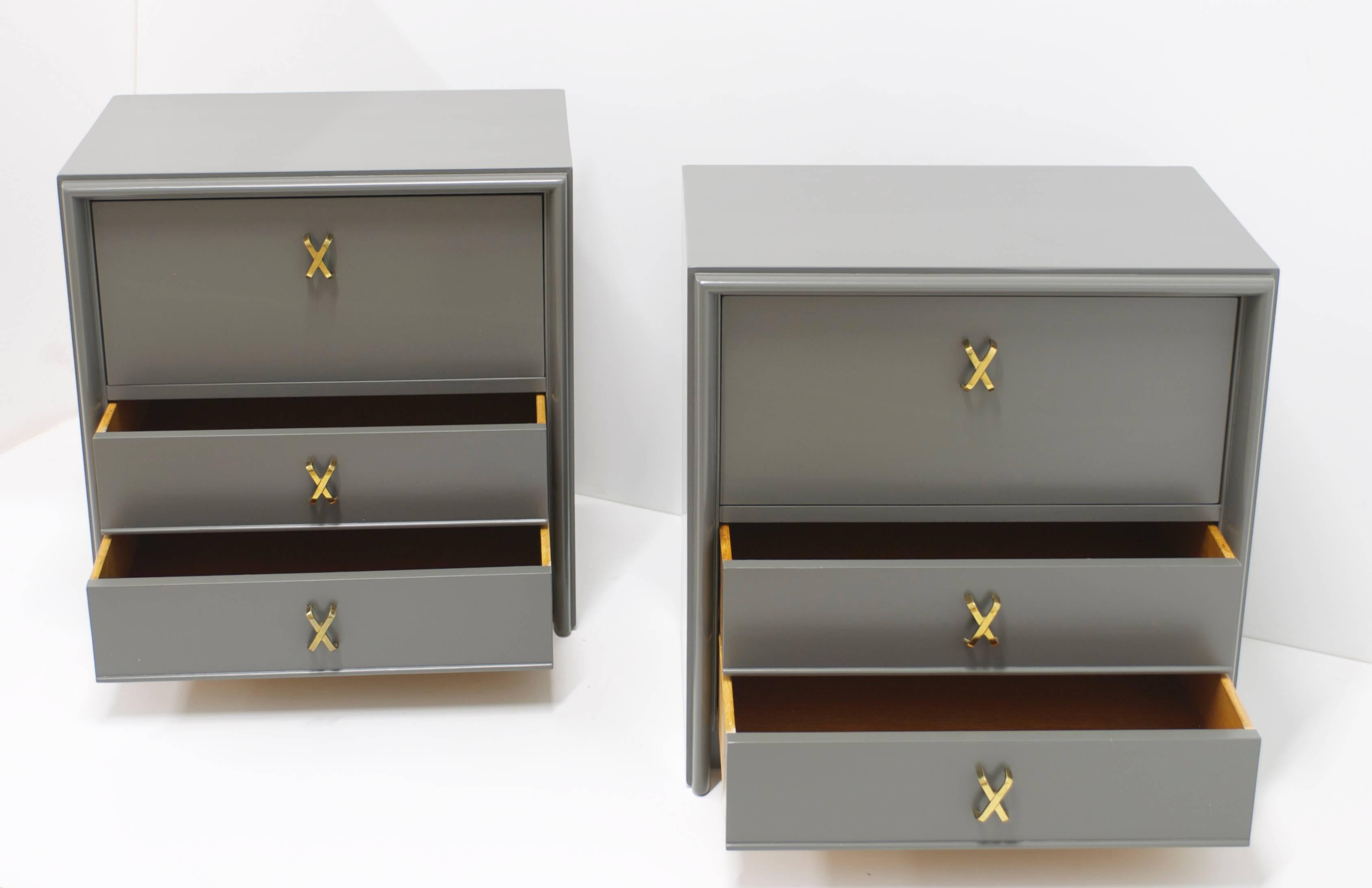 20th Century Pair of Grey Paul Frankl Nightstands with Brass X-Pulls