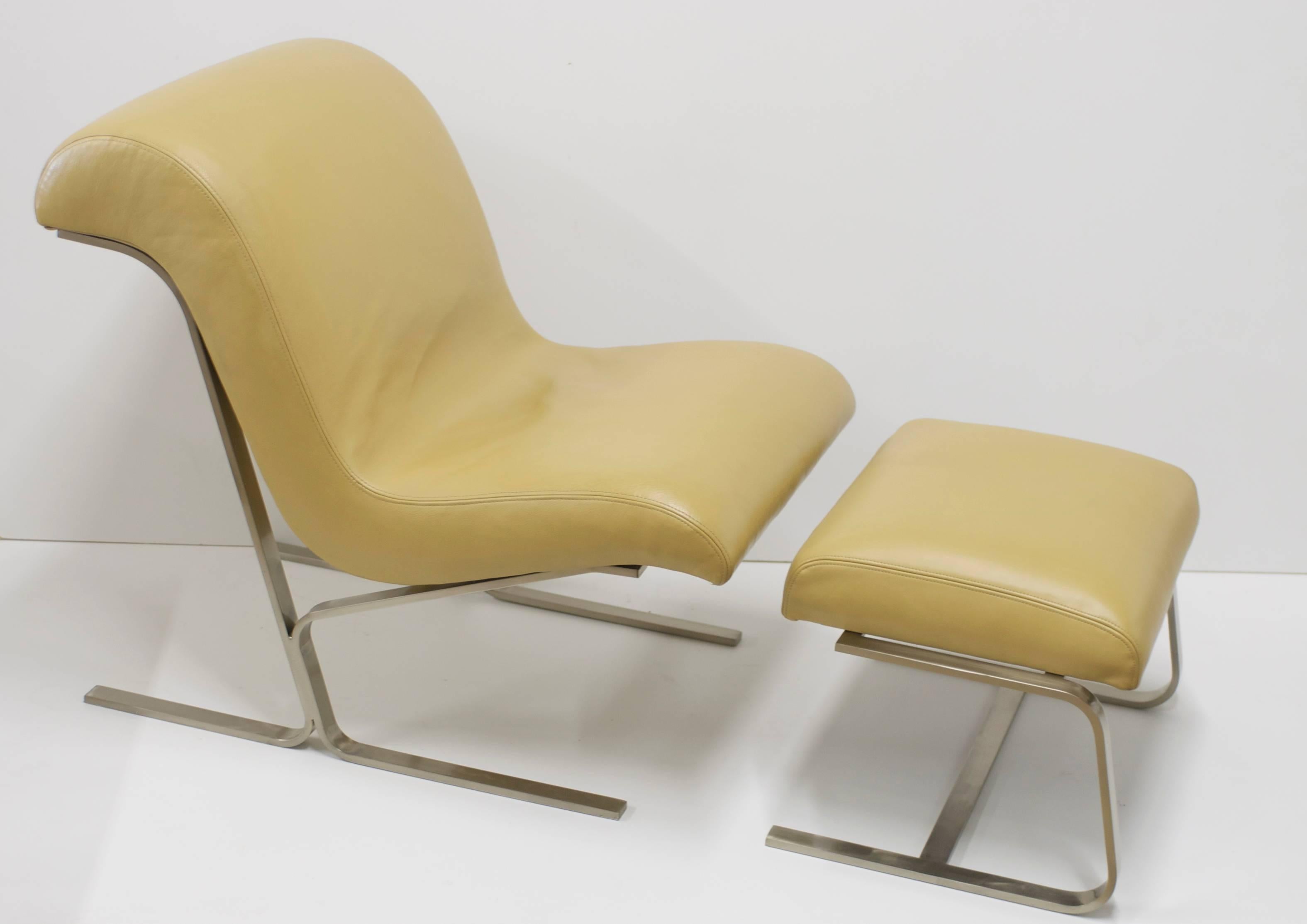 Mid-Century Modern Satin Steel and Leather Lounge Chair and Ottoman For Sale