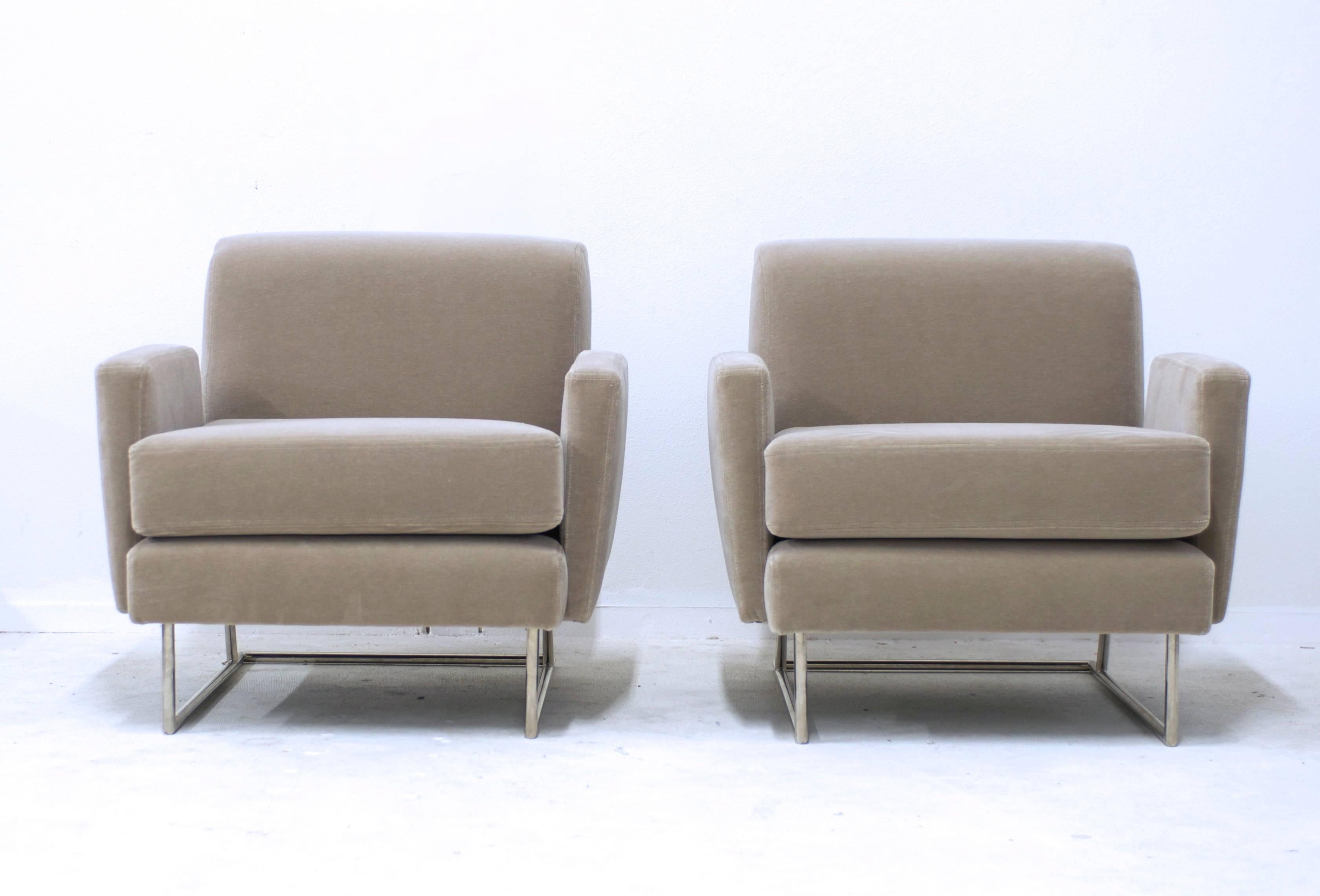 American Pair of Lounge Chairs in Mohair with Thin Polished Steel Base