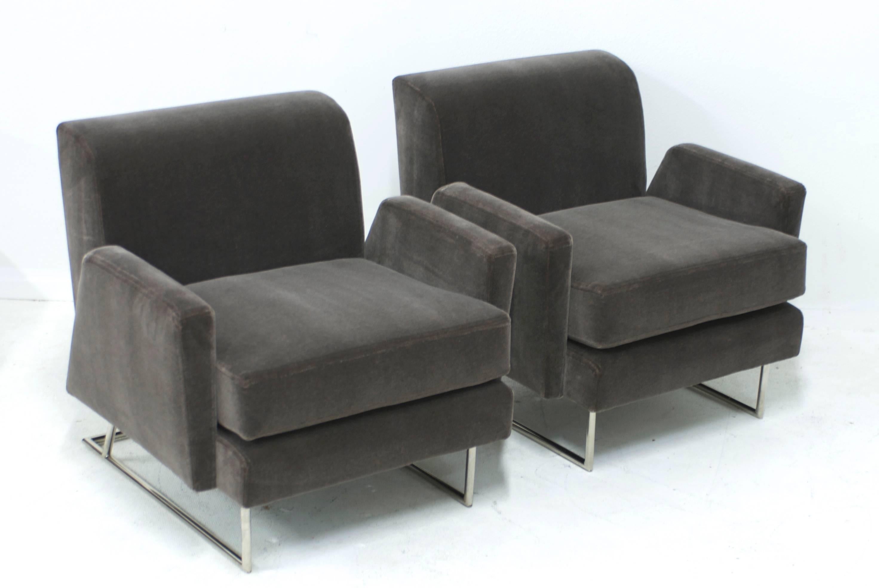 North American Pair of Lounge Chairs in Chocolate Taupe Mohair