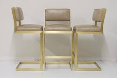 Set of Three Brushed Brass Bar Height Barstools in Leather