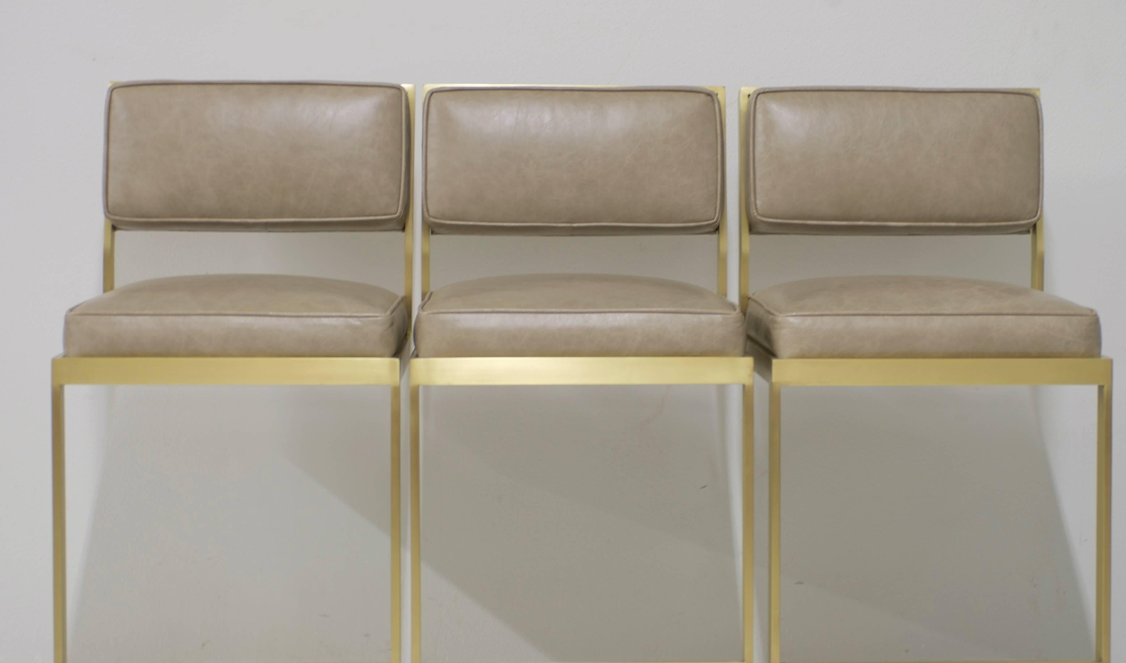 American Set of Three Brushed Brass Bar Height Barstools in Leather For Sale