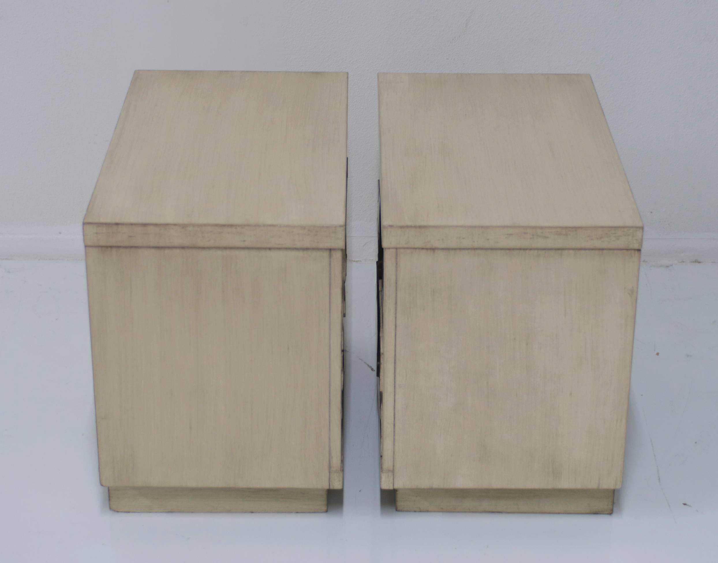 Brutalist Driftwood Finish Nightstands with Antique Brass Hardware 3