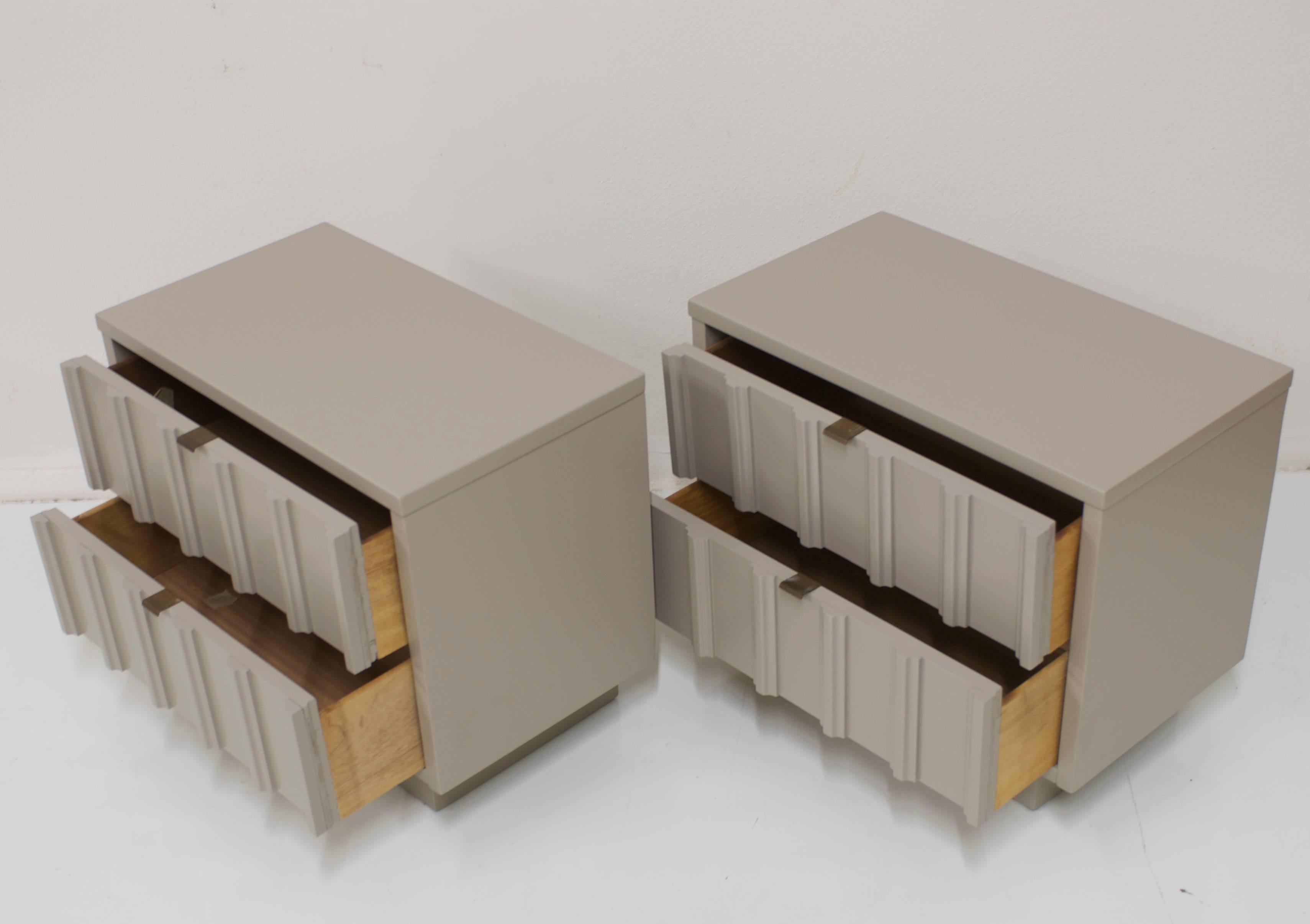 Wood Pair of Taupe Grey Mid-Century Nightstands with Brass Pulls