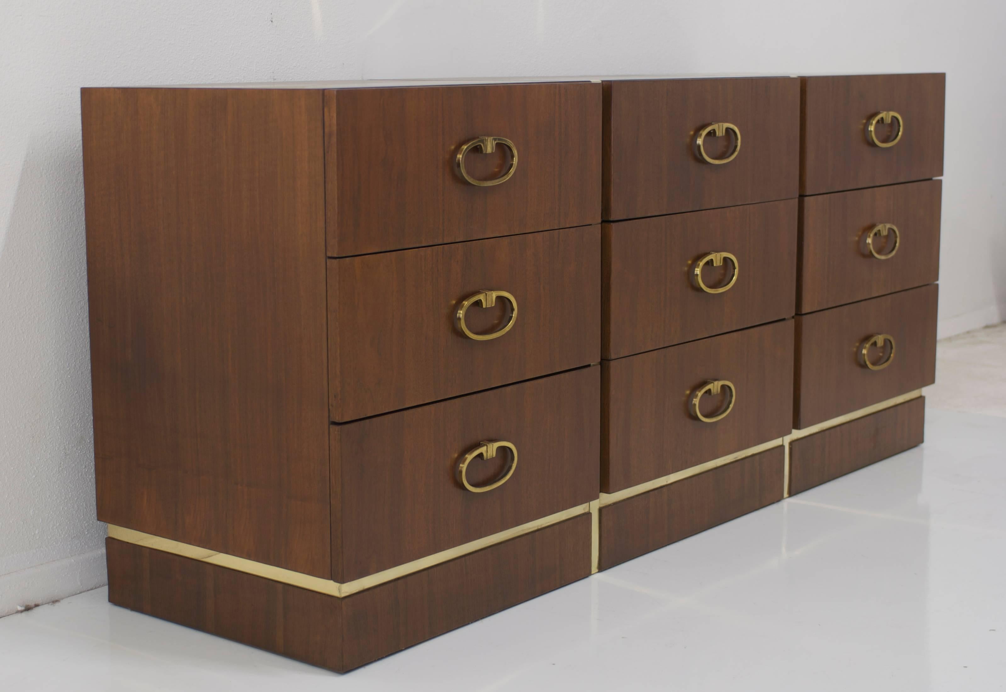 Mid-Century Modern Walnut Dresser by Founders with Brass Accents and Hardware For Sale