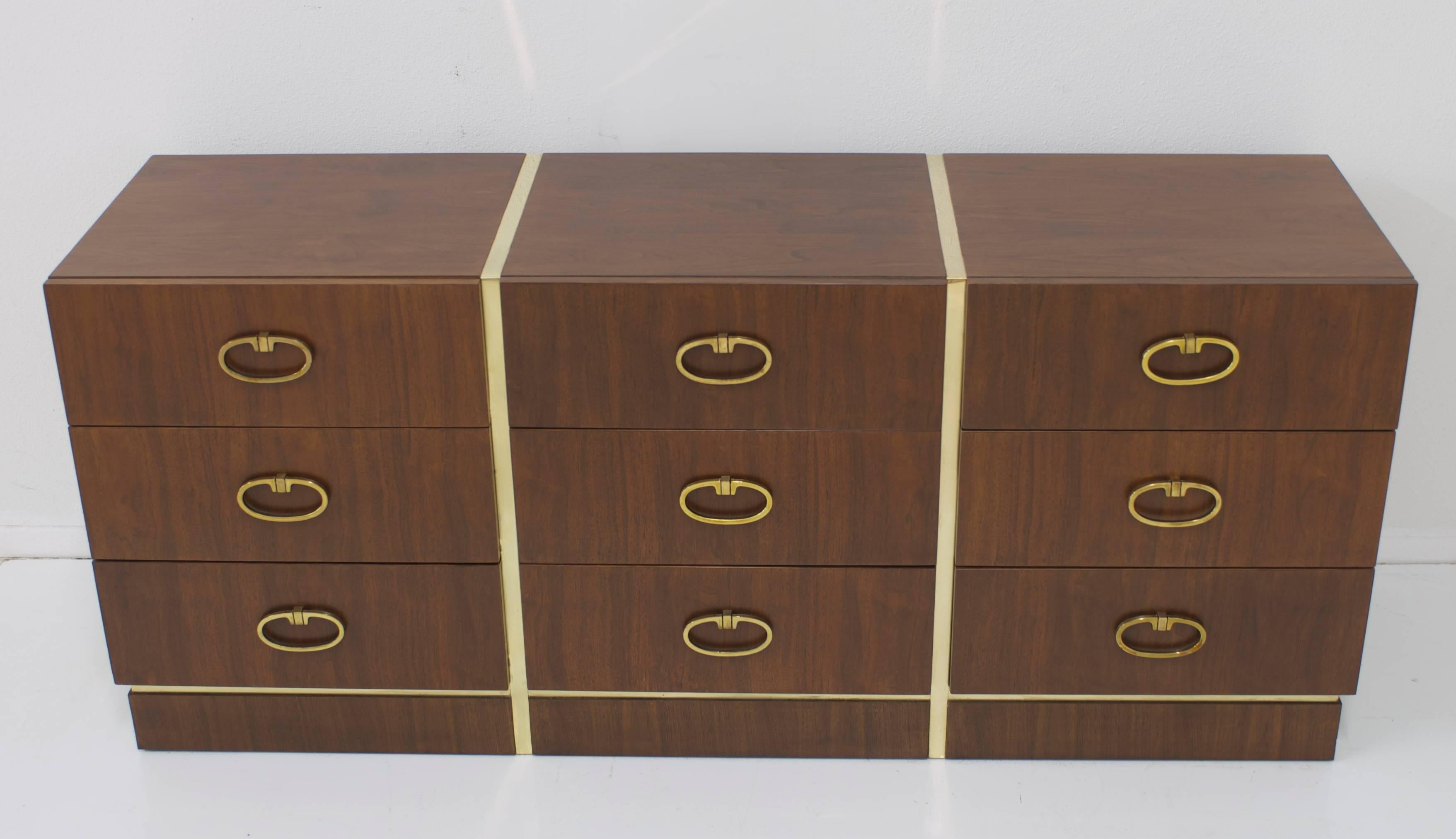 American Walnut Dresser by Founders with Brass Accents and Hardware For Sale