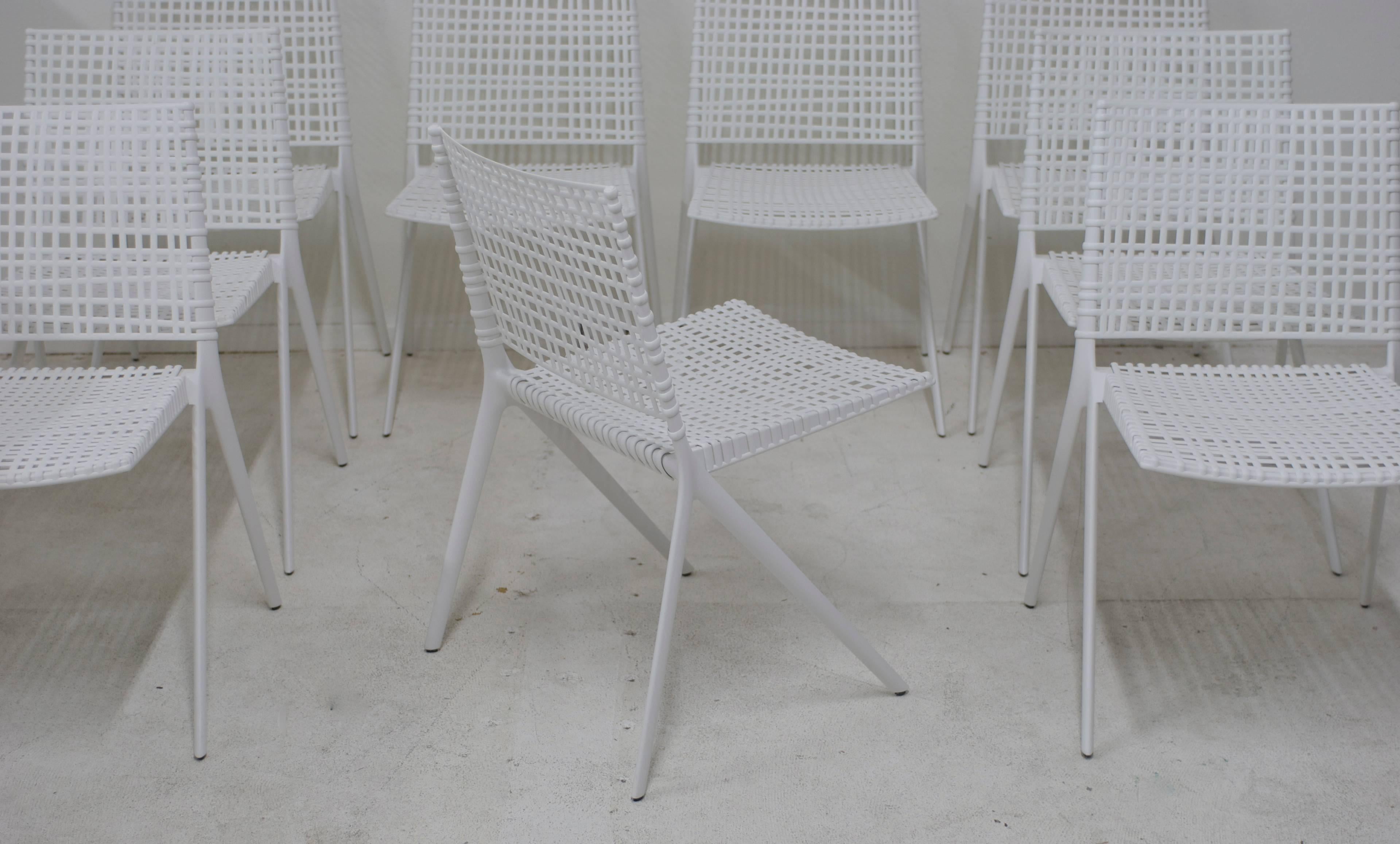 American Set of 9 Janus Et Cie Branch Patio Dining Chairs in White Powder Coated Aluminum