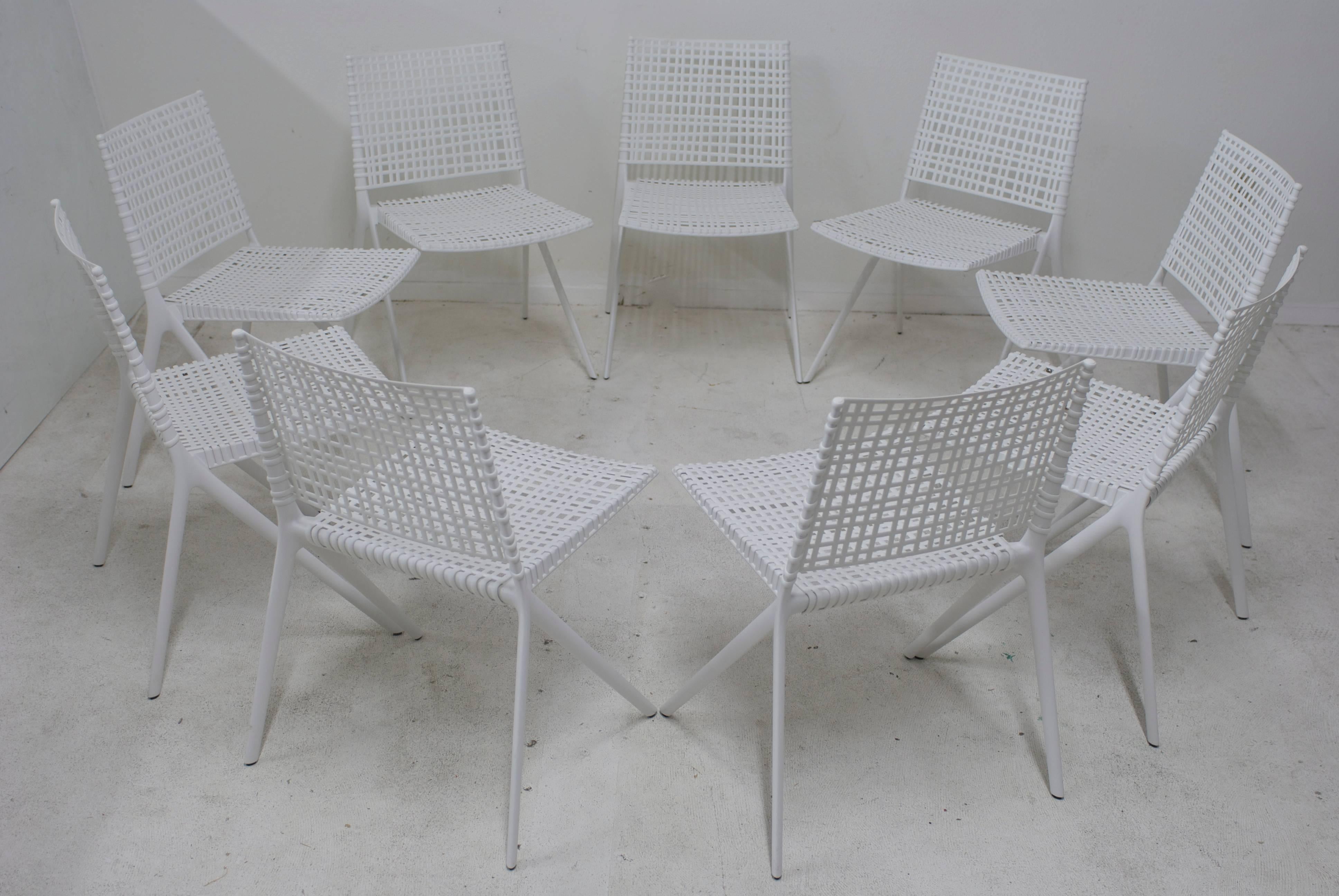 Set of 9 Janus Et Cie Branch Patio Dining Chairs in White Powder Coated Aluminum In Excellent Condition In Palm Springs, CA