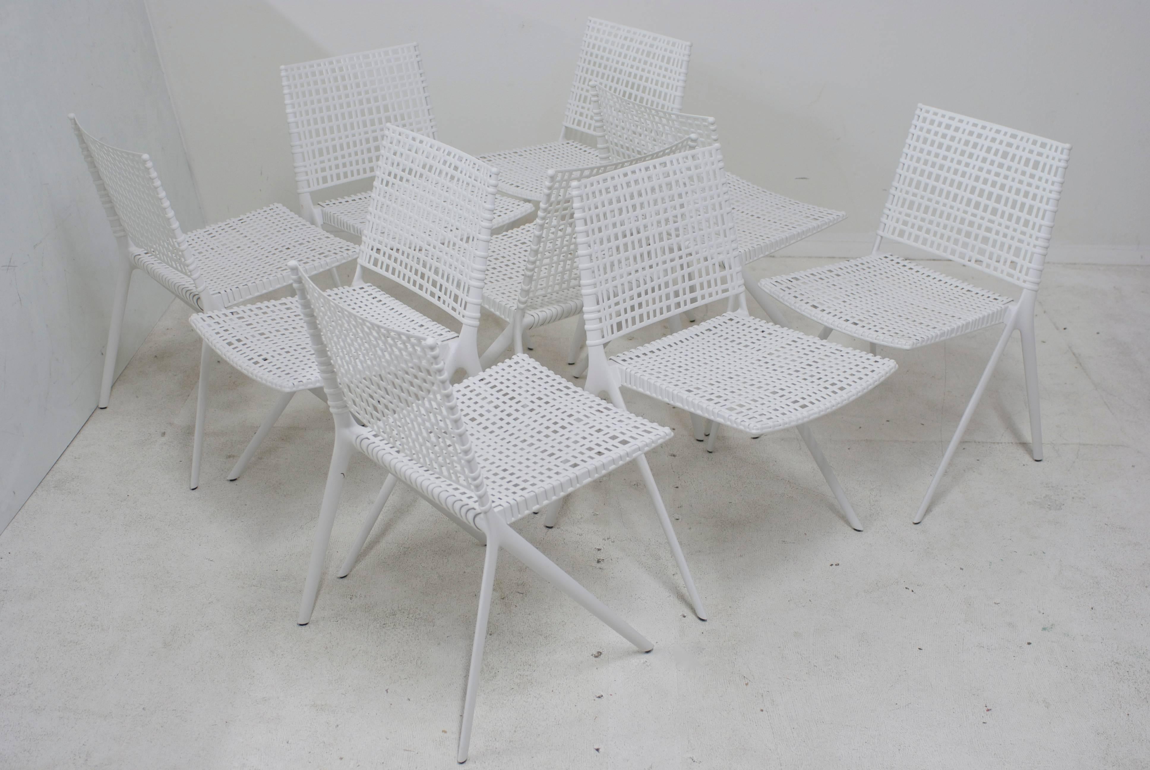 Contemporary Set of 9 Janus Et Cie Branch Patio Dining Chairs in White Powder Coated Aluminum