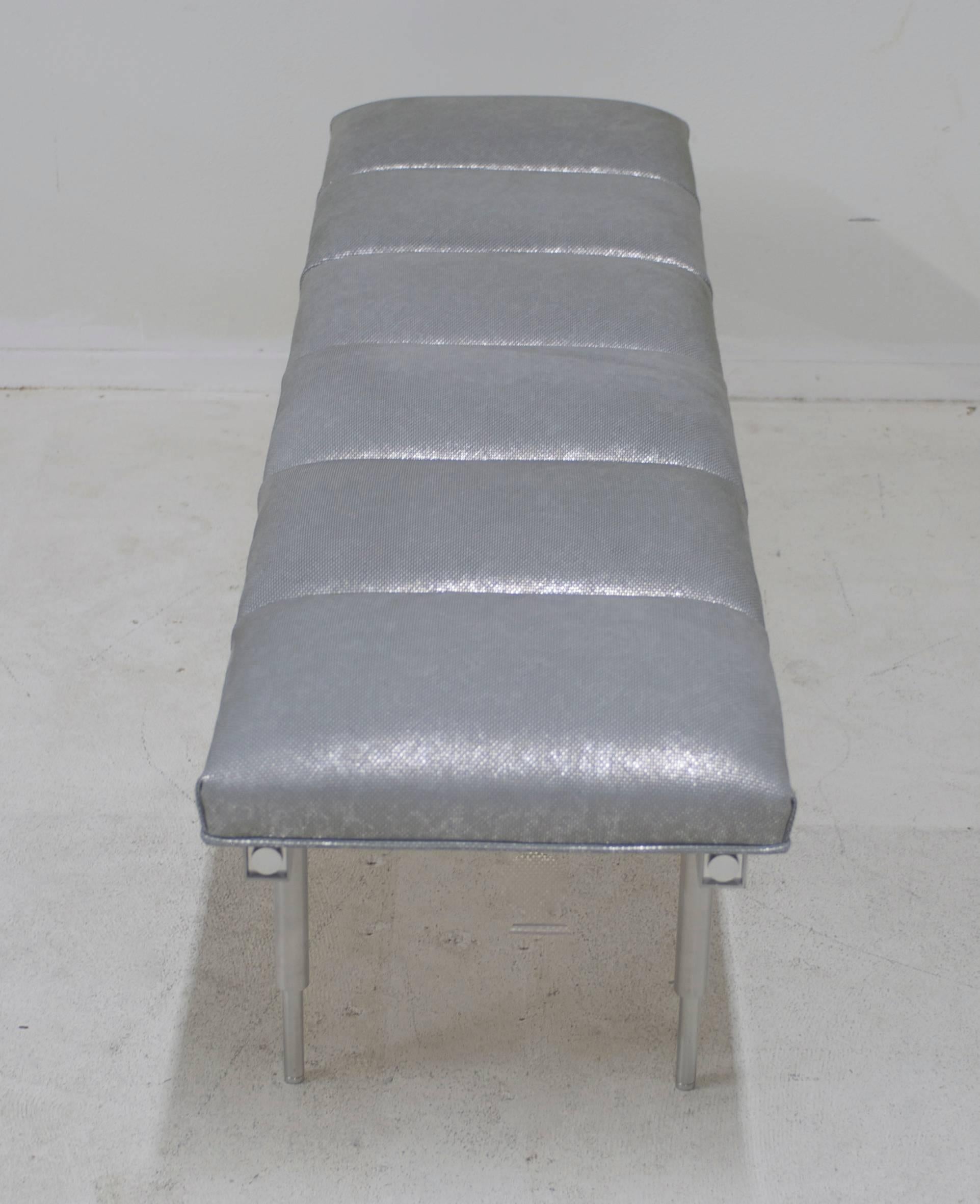 Channel Tufted Modernist Leather Mid-Century Aluminum Bench In Excellent Condition In Palm Springs, CA