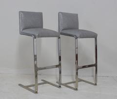 Pair of Bar Height Flat Bar Polished Steel Bar Stools