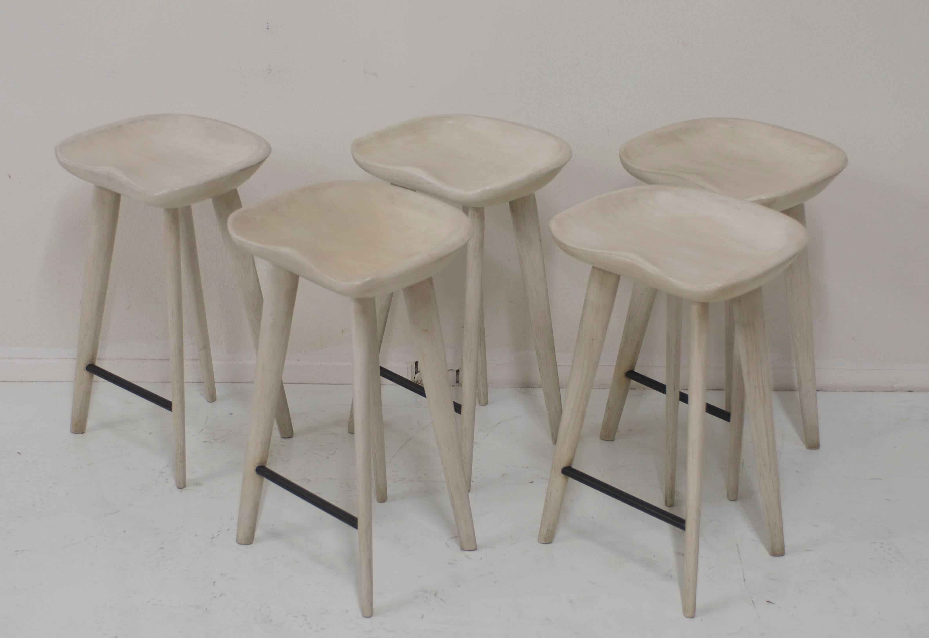 American Set of Five Bar Height Tractor Seat Wooden Bar Stools in Custom Driftwood Finish