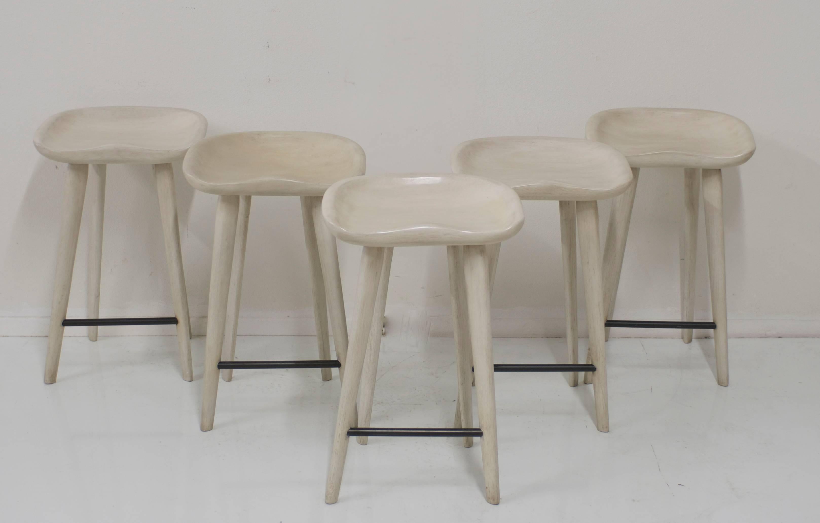 Contemporary Set of Five Bar Height Tractor Seat Wooden Bar Stools in Custom Driftwood Finish