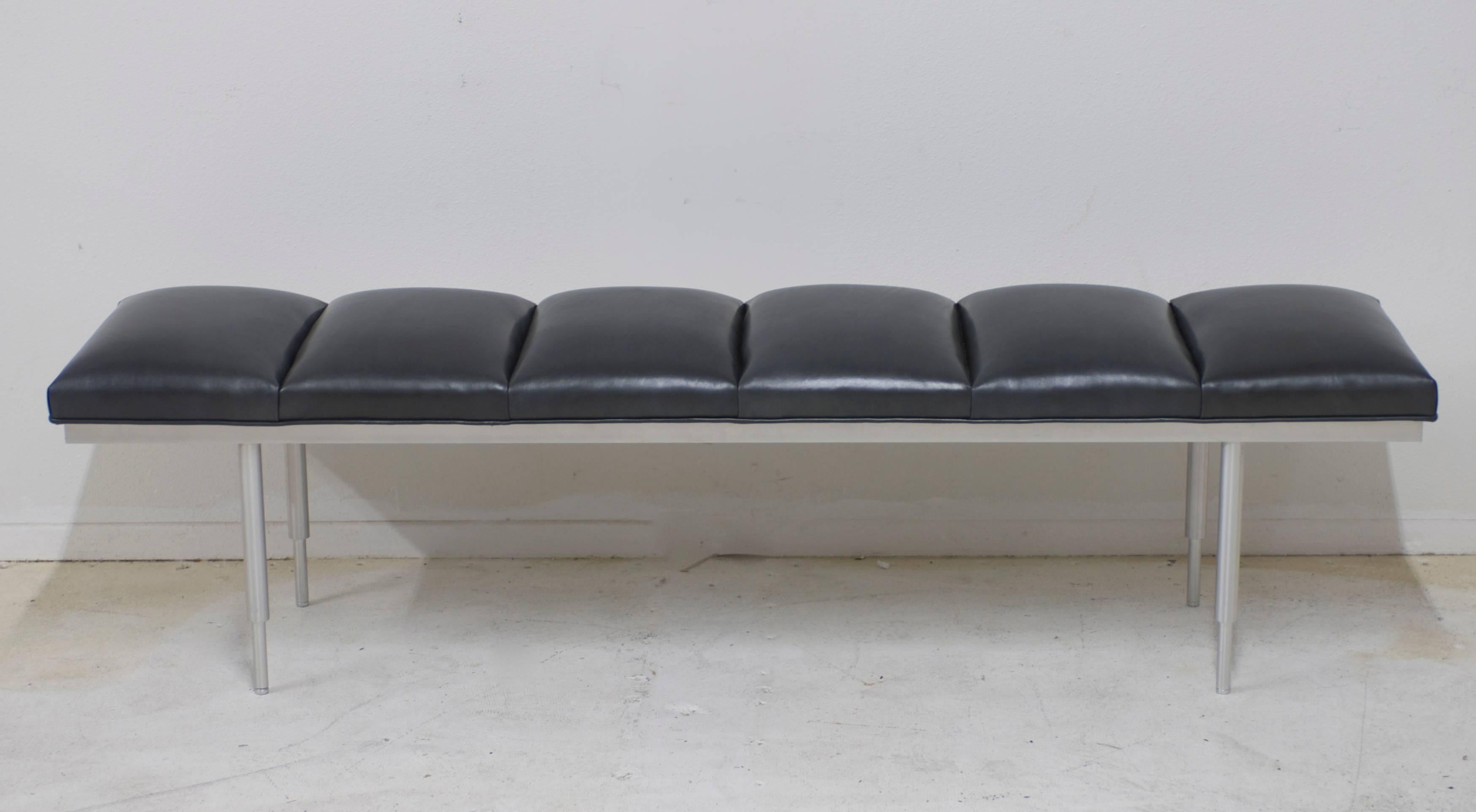 Mid-Century Modern  Chanel Tufted Black Leather and Aluminum Bench