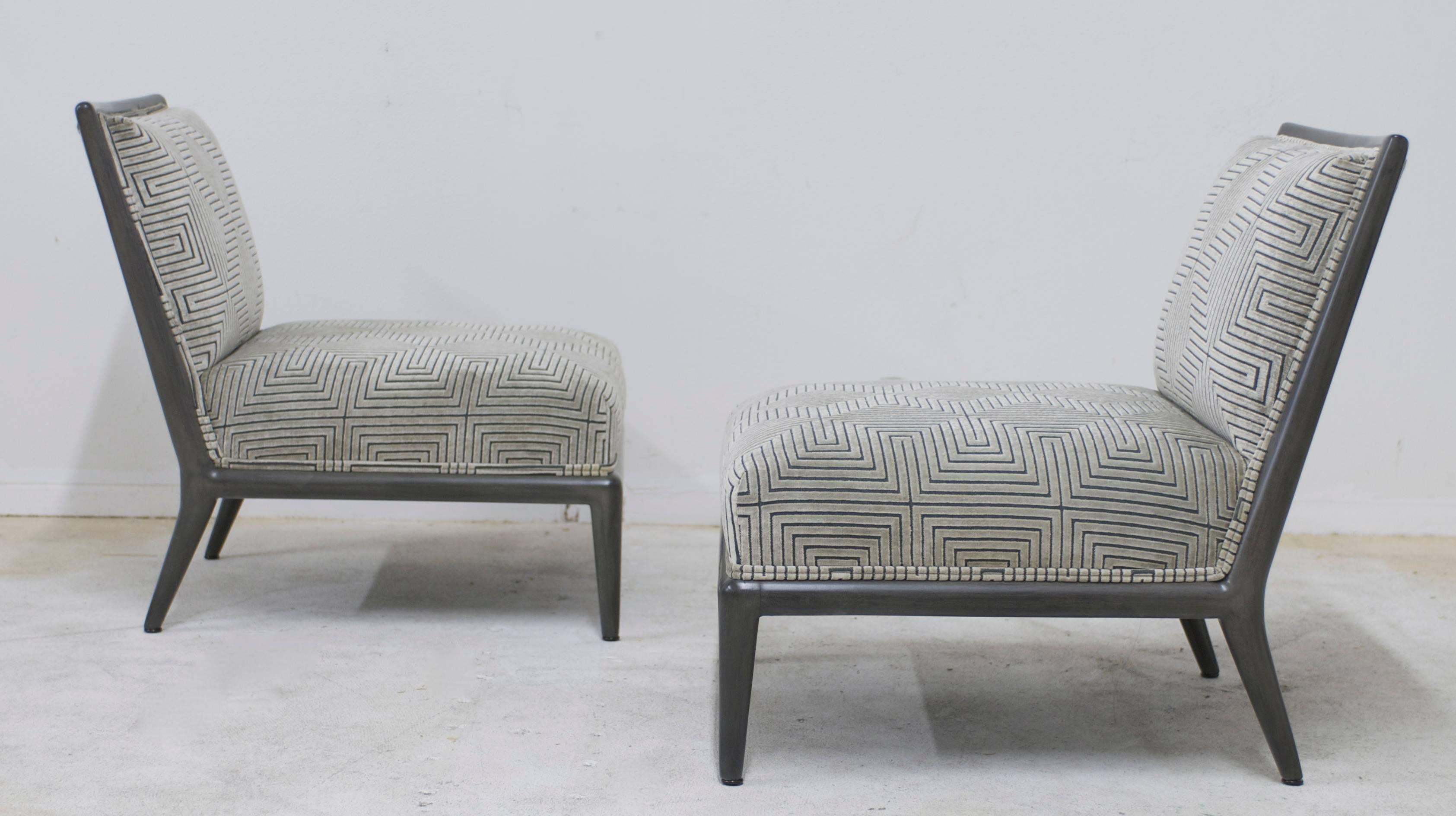 Mid-Century Modern Pair of Charcoal Grey Finish Geometric Cut Velvet Mid-Century Slipper Chairs