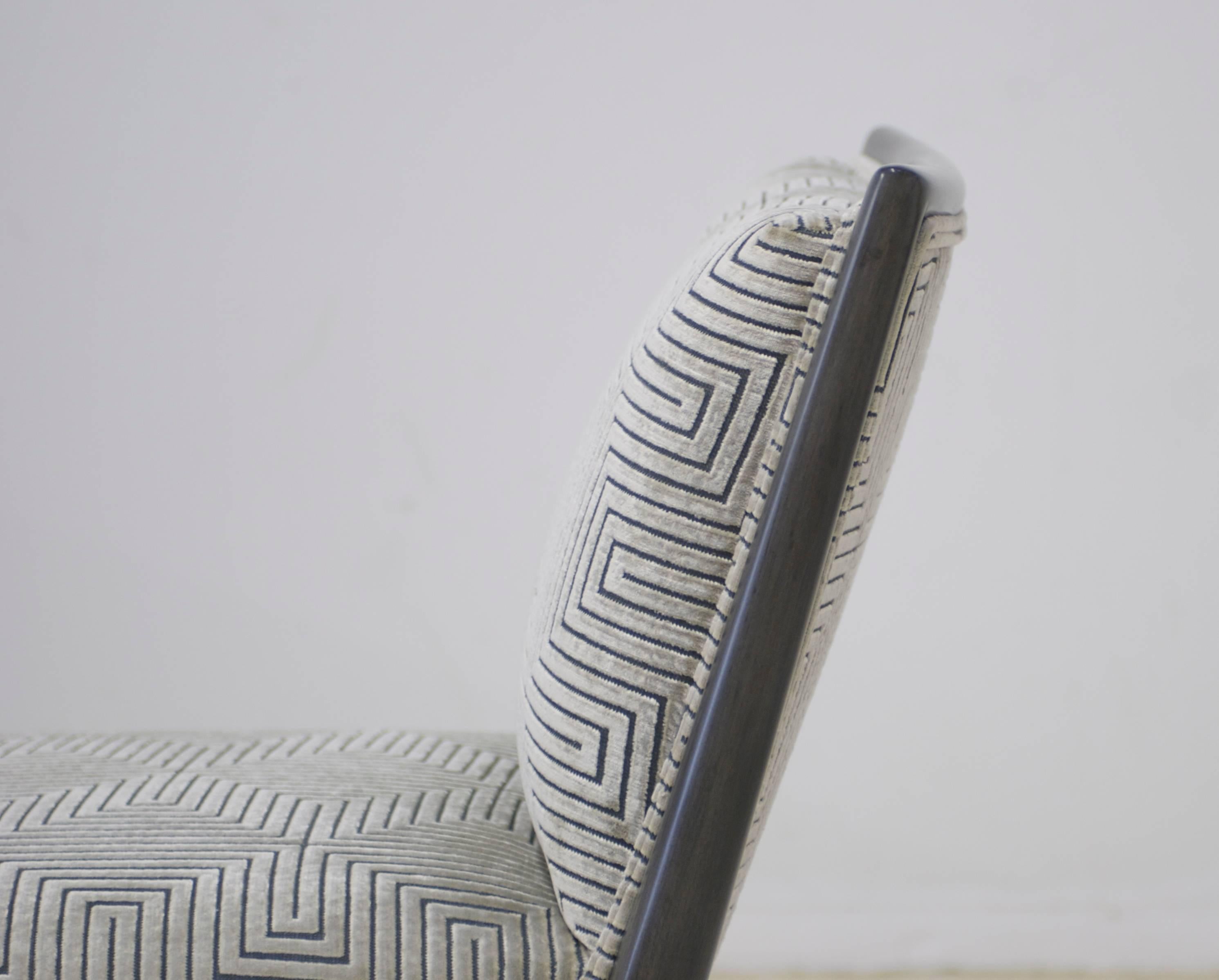 American Pair of Charcoal Grey Finish Geometric Cut Velvet Mid-Century Slipper Chairs