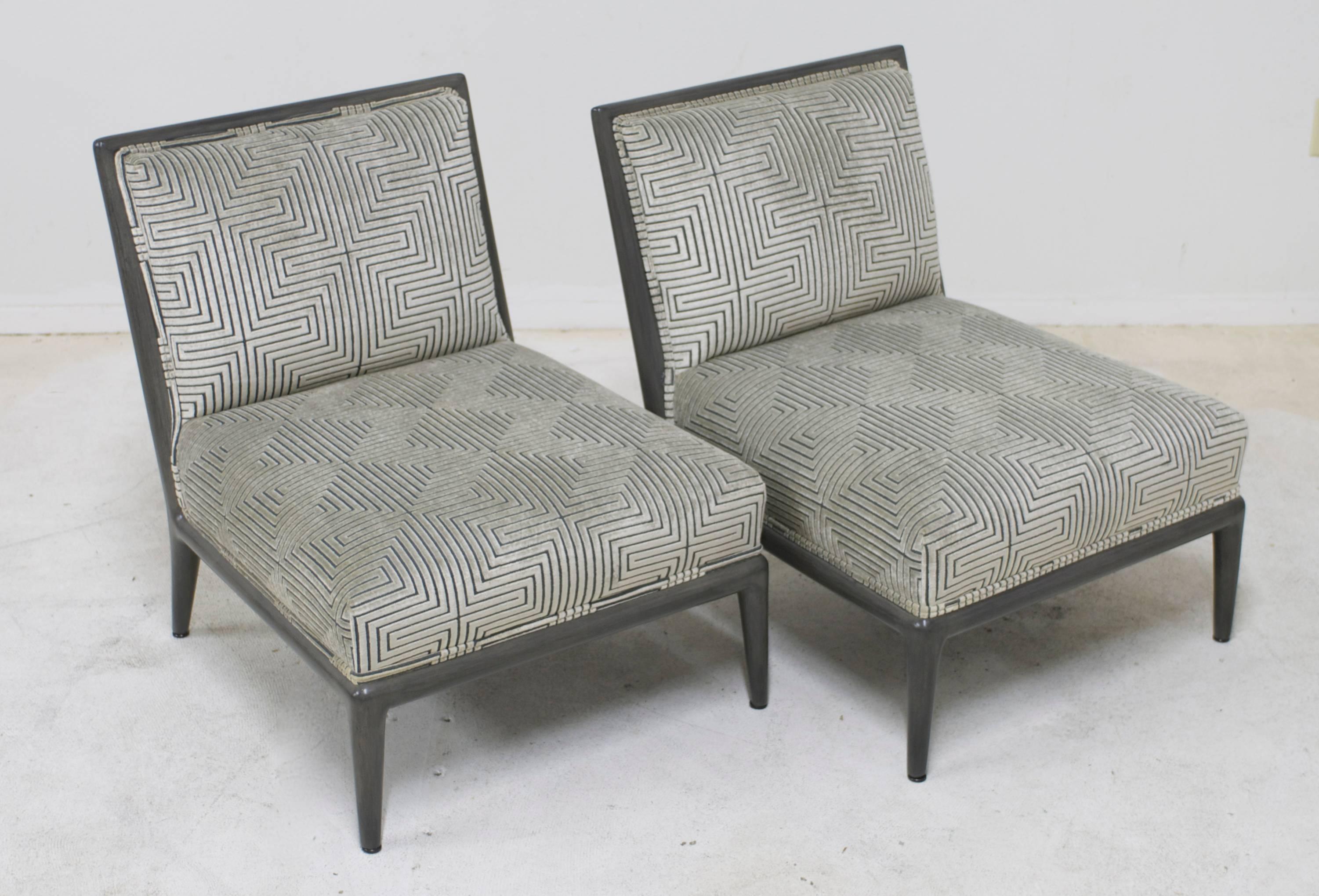 Pair of Charcoal Grey Finish Geometric Cut Velvet Mid-Century Slipper Chairs In Excellent Condition In Palm Springs, CA