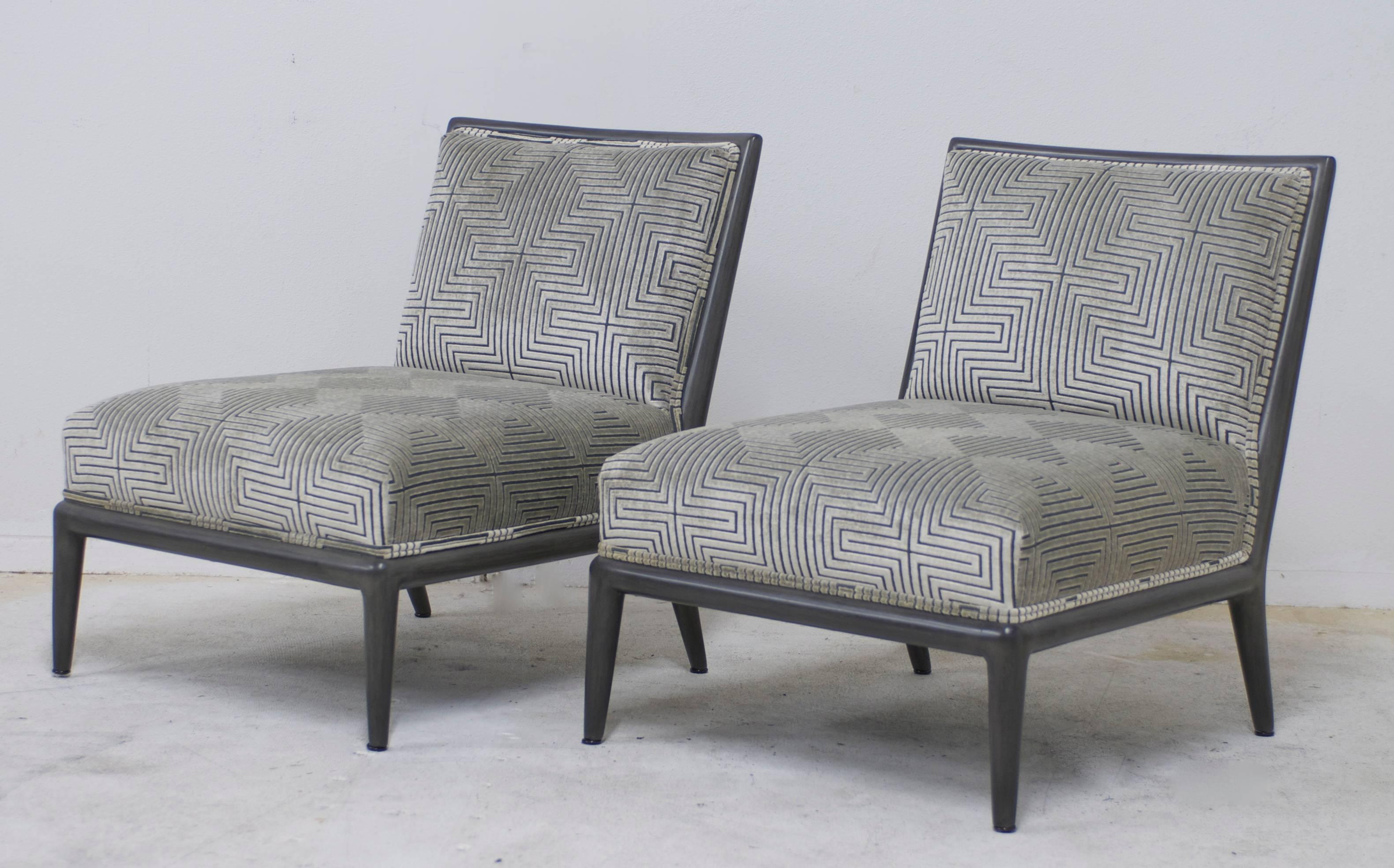 20th Century Pair of Charcoal Grey Finish Geometric Cut Velvet Mid-Century Slipper Chairs