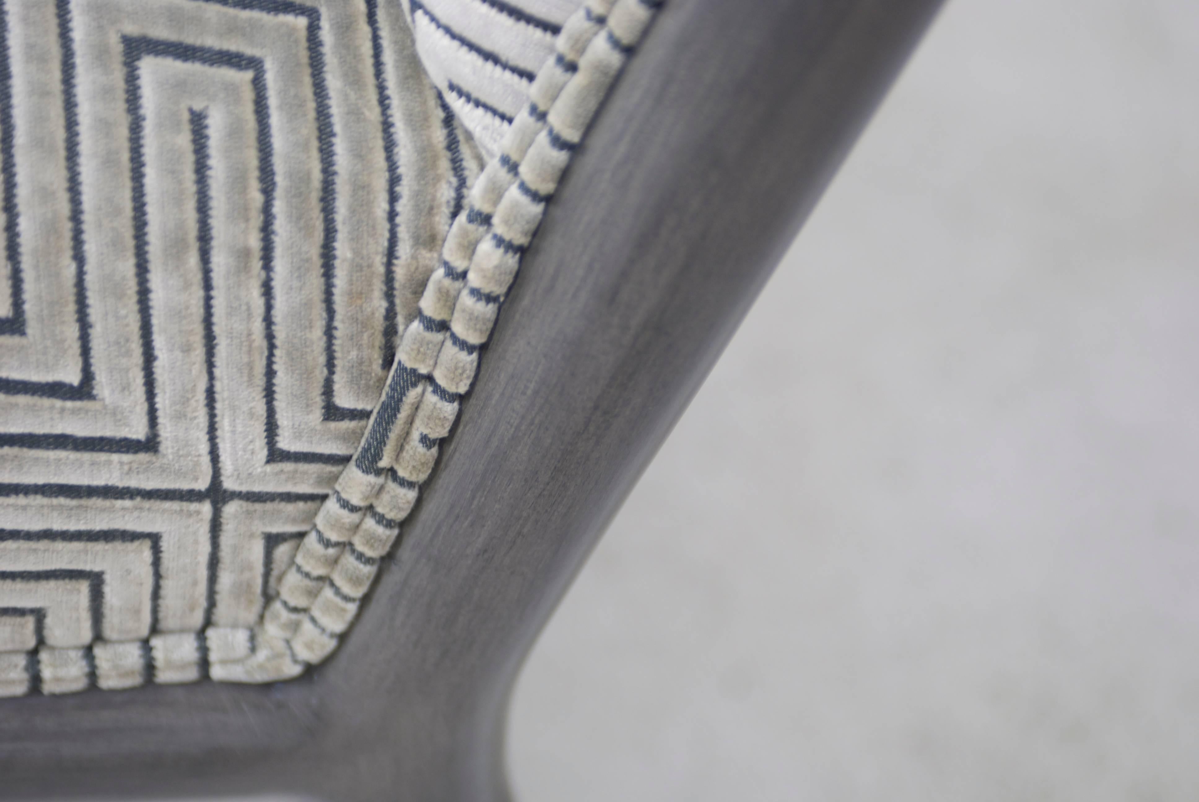 Upholstery Pair of Charcoal Grey Finish Geometric Cut Velvet Mid-Century Slipper Chairs