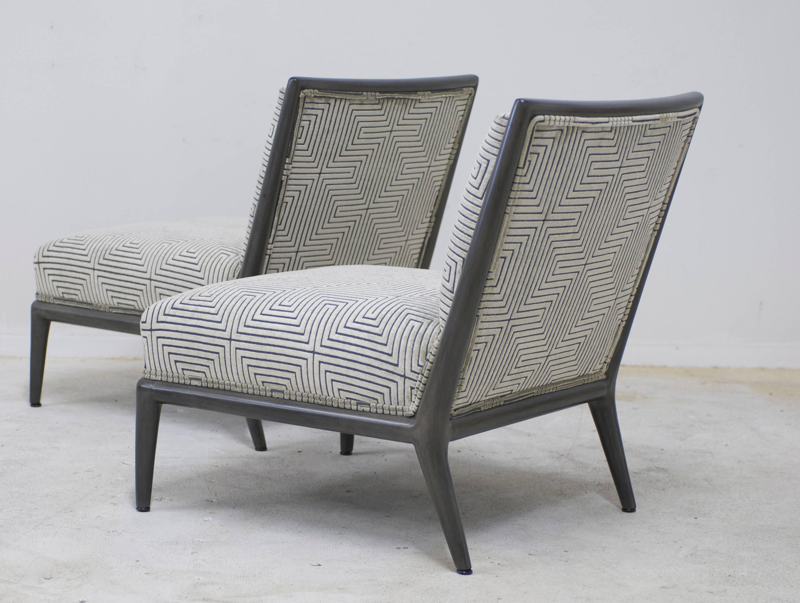 Pair of Charcoal Grey Finish Geometric Cut Velvet Mid-Century Slipper Chairs 1