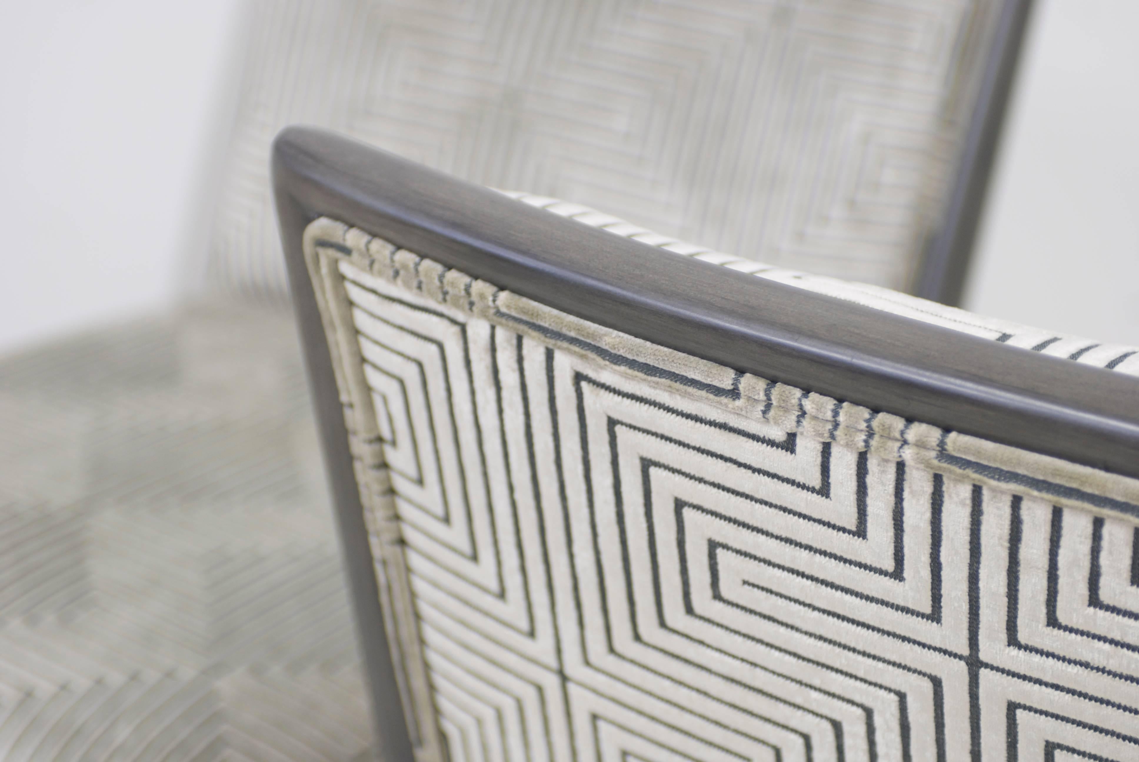 Pair of Charcoal Grey Finish Geometric Cut Velvet Mid-Century Slipper Chairs 2