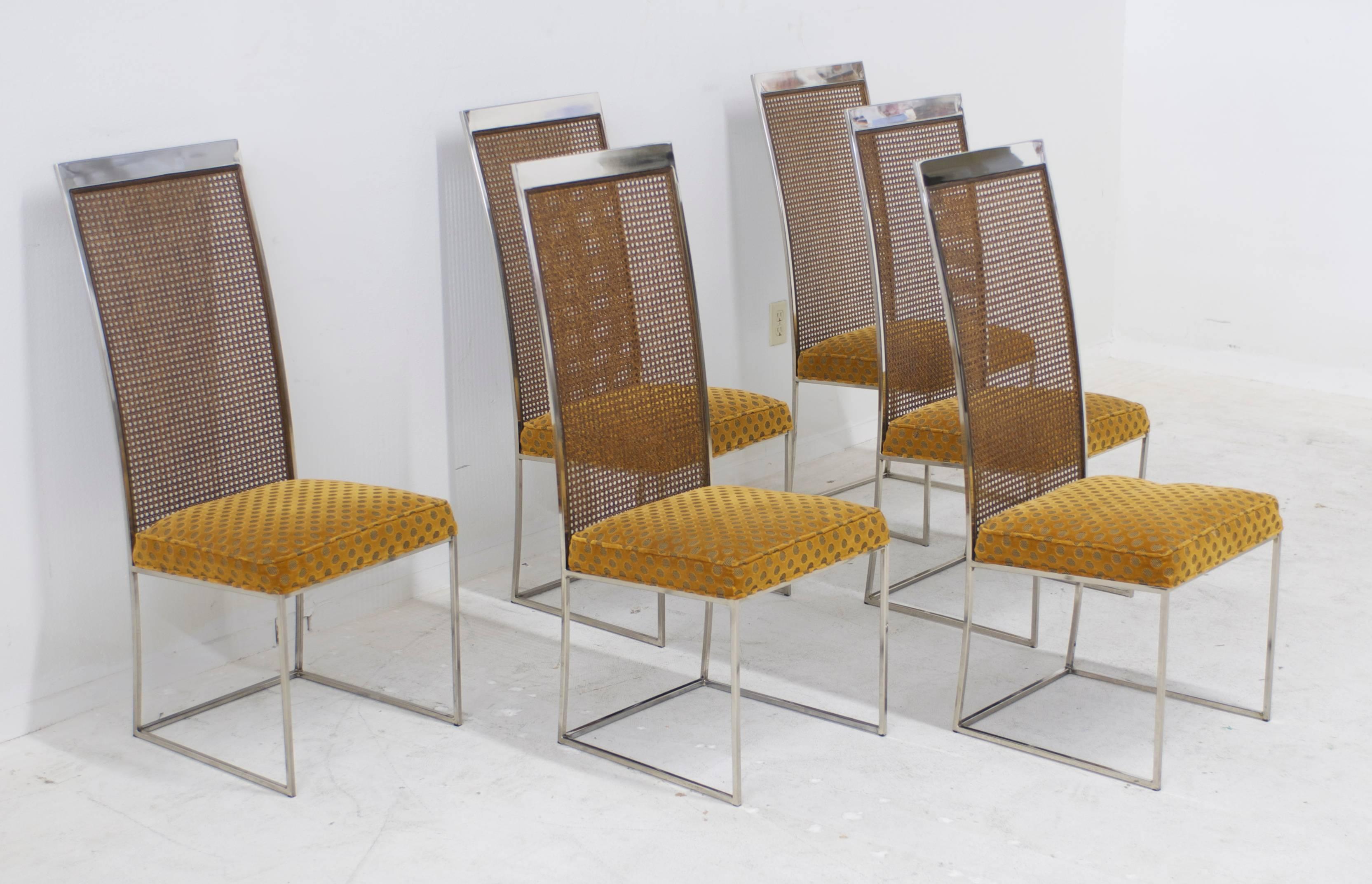 A set of six Milo Baughman for Thayer Coggin dining chairs, circa 1970s. The caning is in excellent vintage condition. The vintage mustard colored raised velvet fabric has a geometric pattern that cheerfully plays against the caning. It has been
