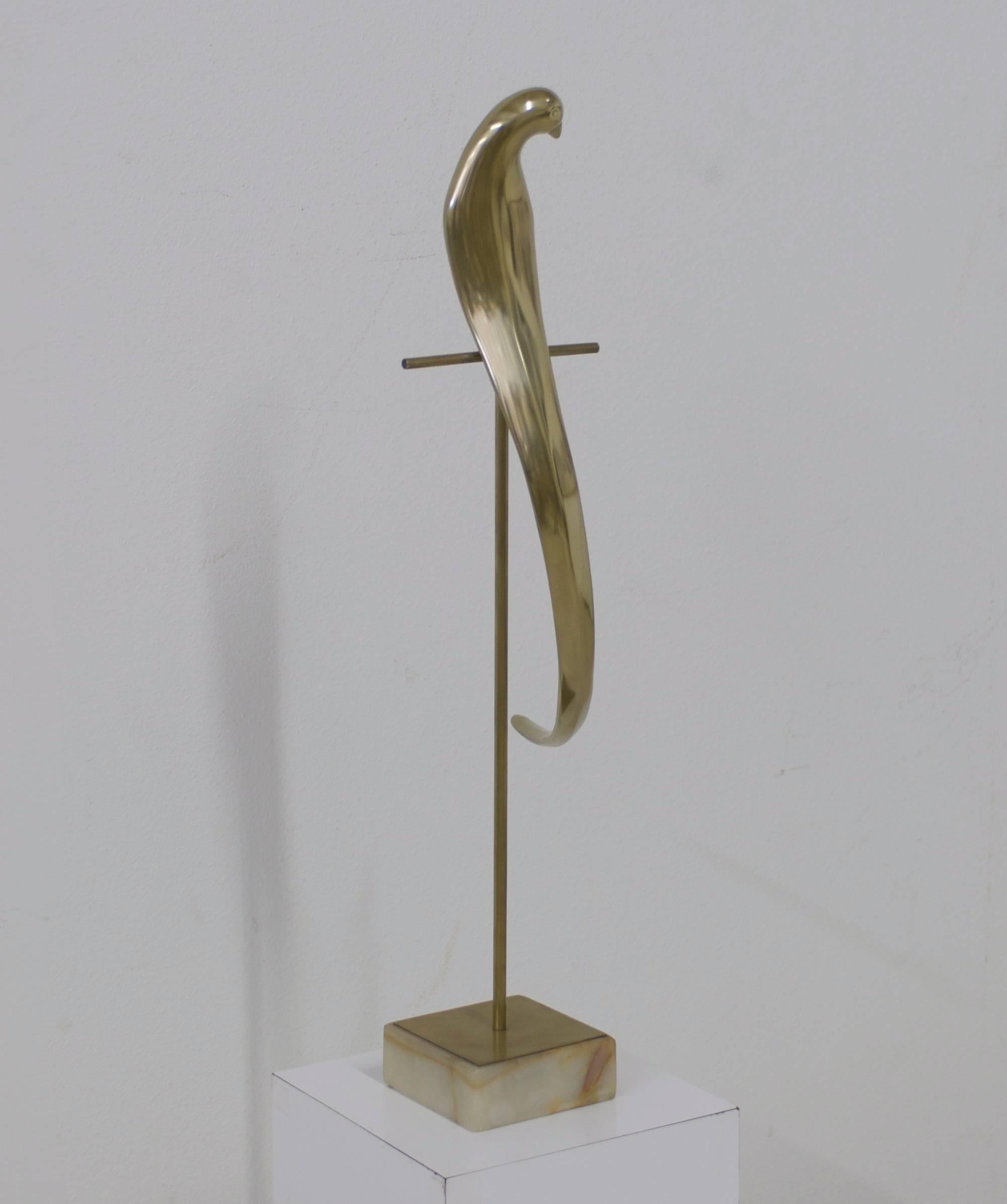 20th Century Jere Brass Bird Table Sculpture of Parrot on Perch Mounted on Marble Base For Sale