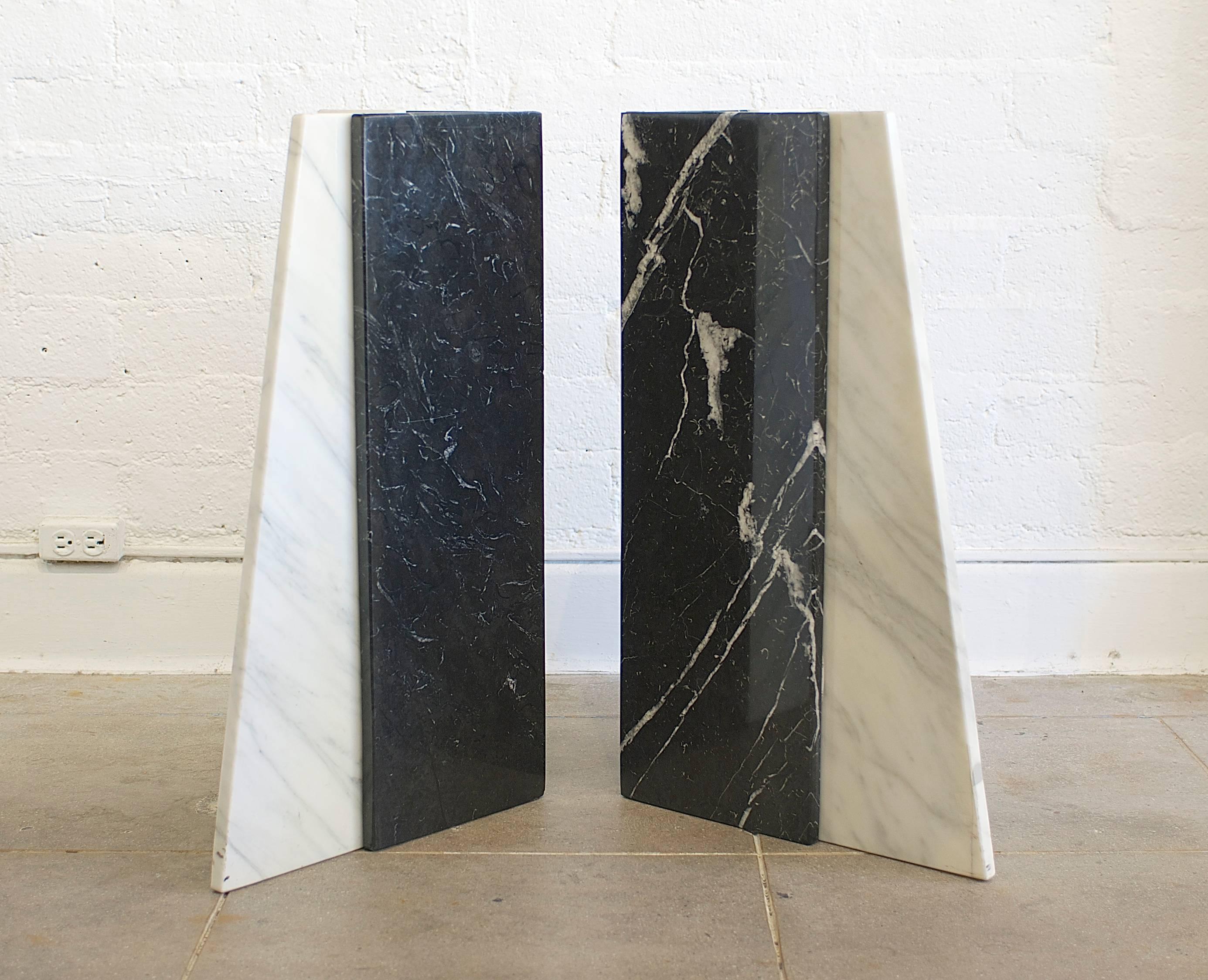 Post-Modern Black and White Marble Table Bases with Round Glass Top