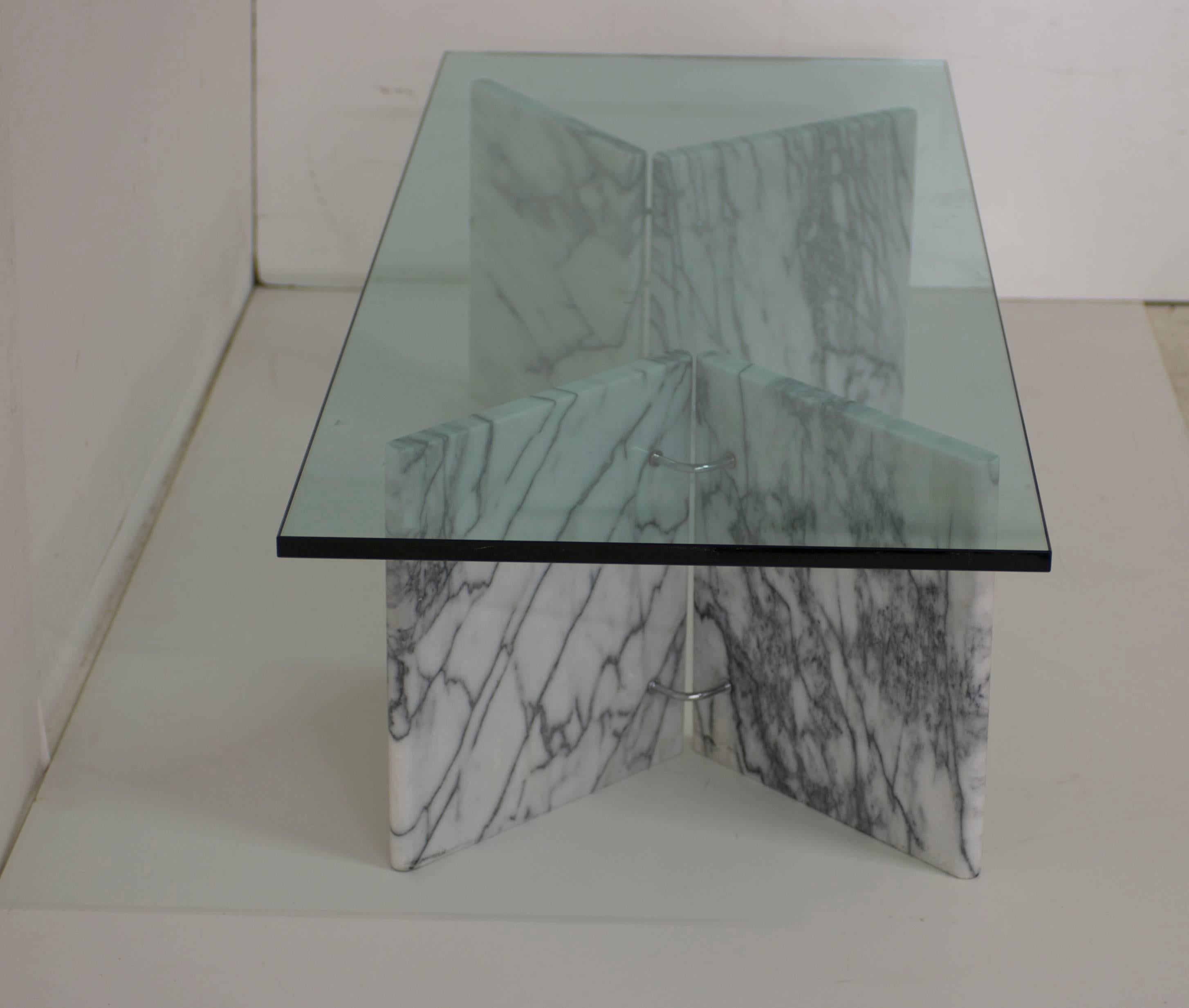 Post-Modern Low Carrara Square or Rectangular or Round Glass and Marble Cocktail Table Base For Sale