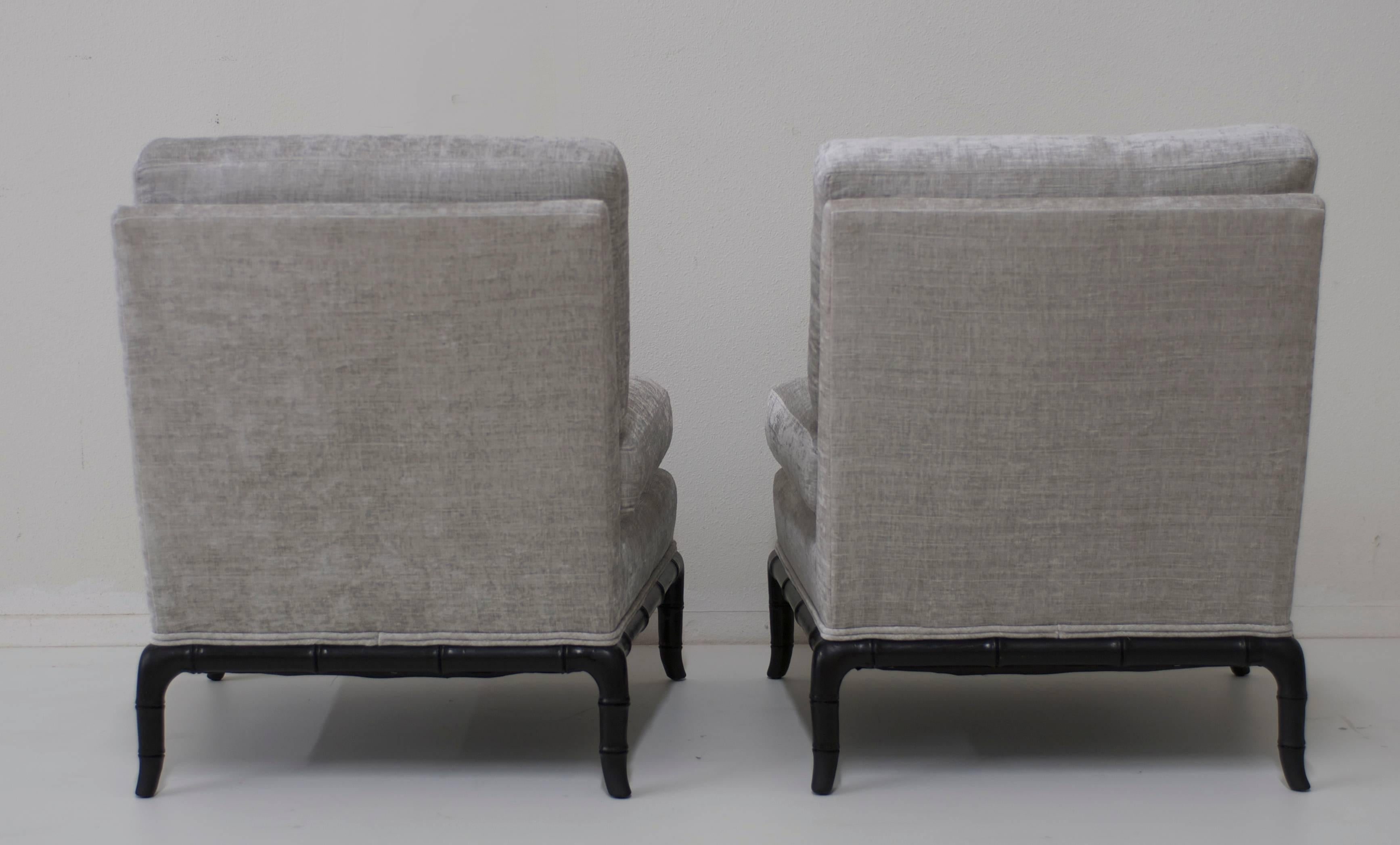 Upholstery Pair of Slipper Chairs in Platinum Grey Velvet with Horn Shaped Faux Bamboo Base