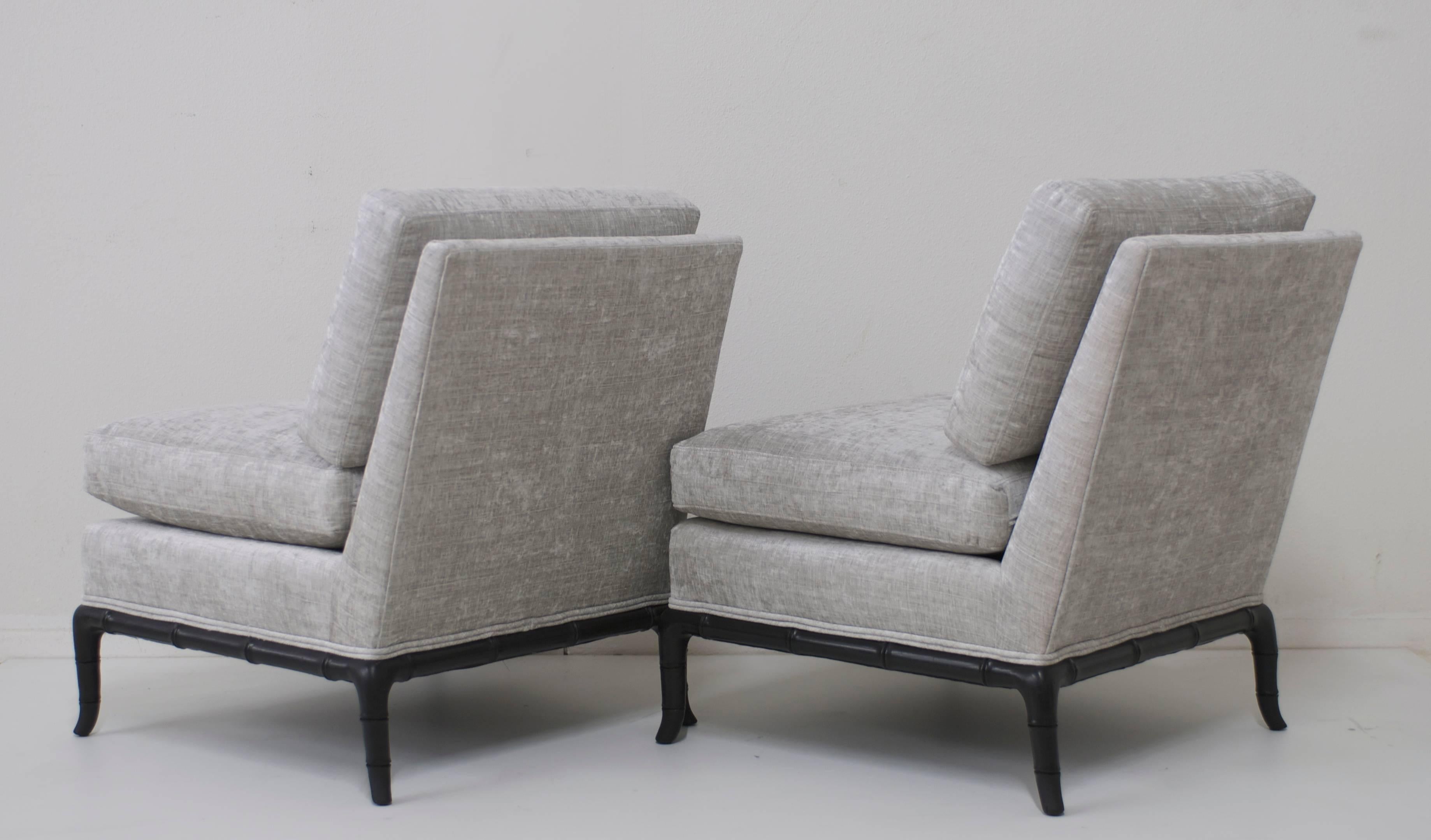 American Pair of Slipper Chairs in Platinum Grey Velvet with Horn Shaped Faux Bamboo Base