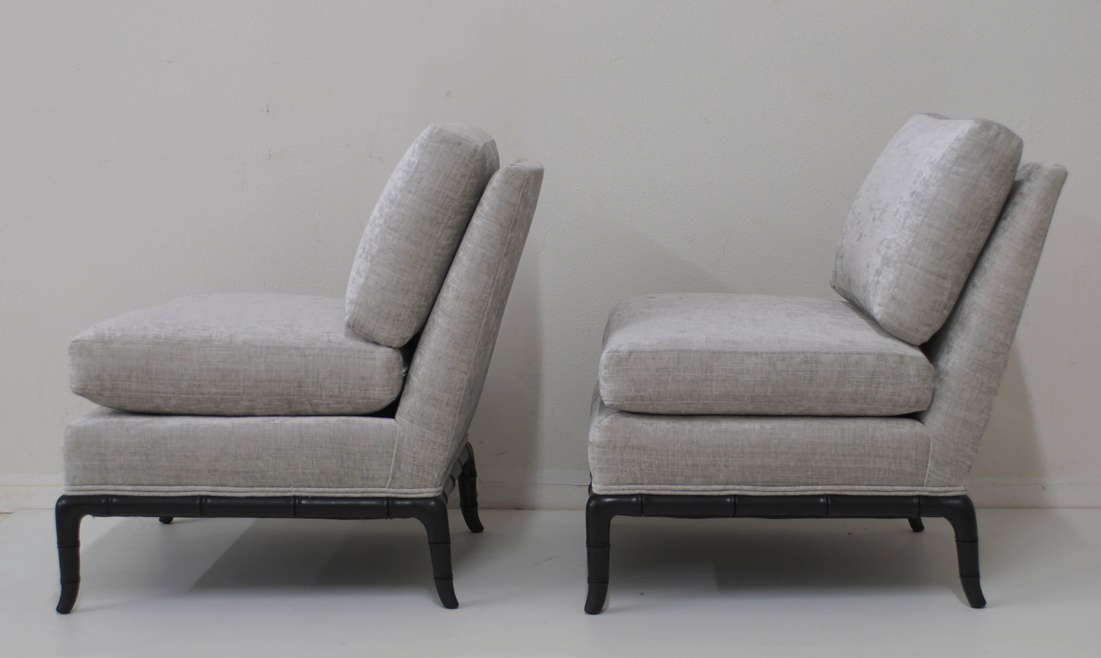 Mid-Century Modern Pair of Slipper Chairs in Platinum Grey Velvet with Horn Shaped Faux Bamboo Base
