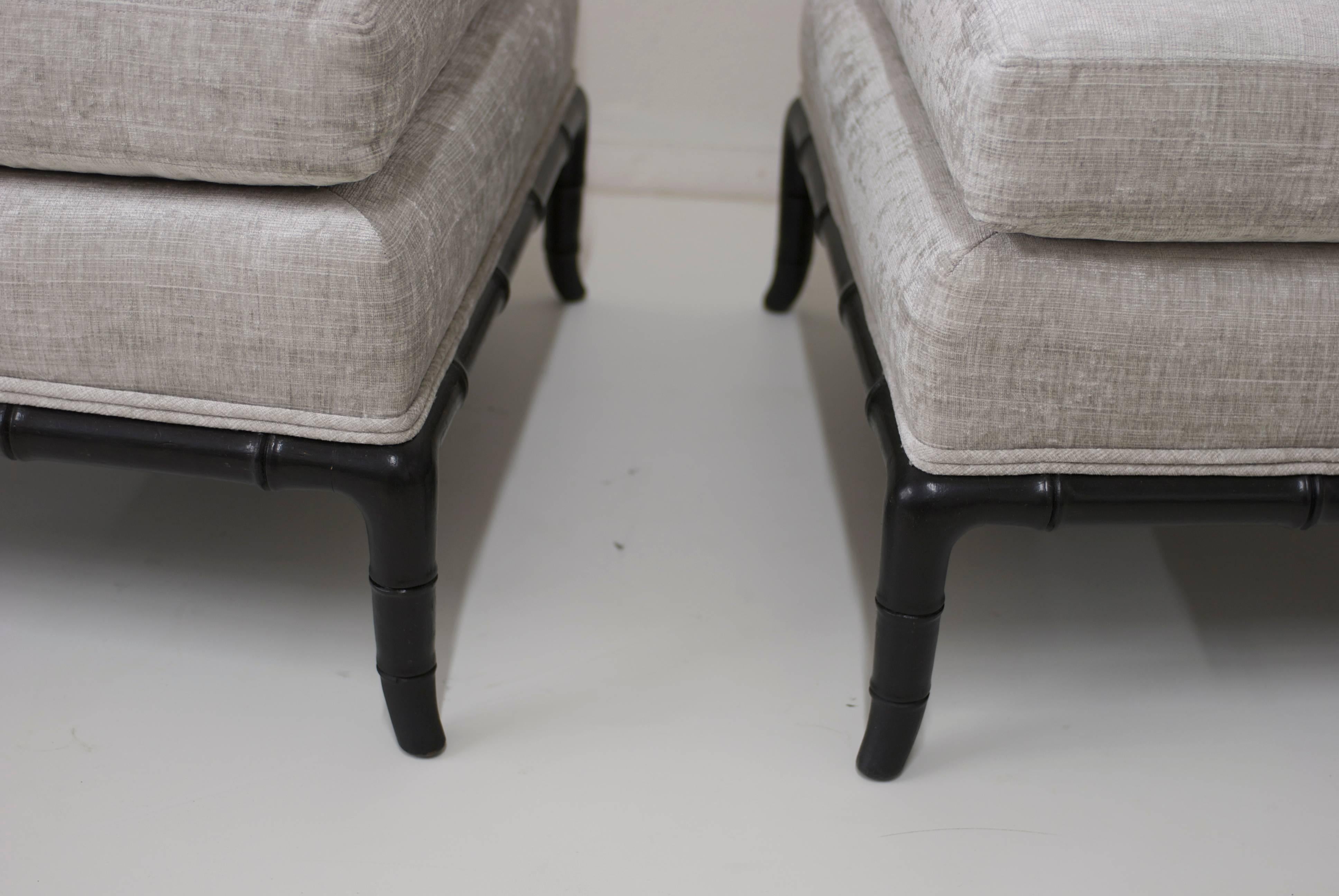 Pair of Slipper Chairs in Platinum Grey Velvet with Horn Shaped Faux Bamboo Base 1