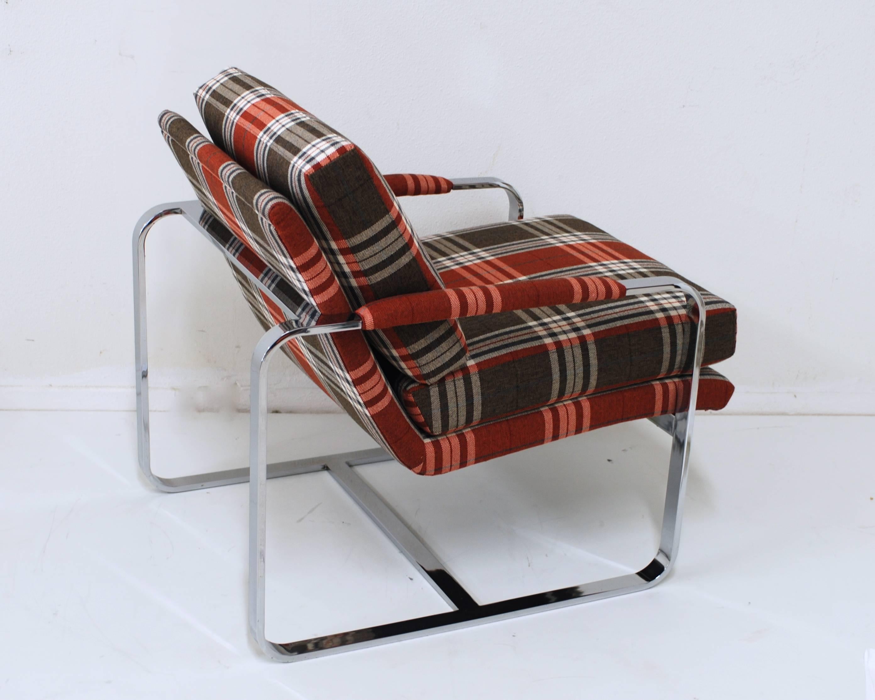 Chrome Milo Baughman Style Lounge Chair with Tartan Fabric In Good Condition In Palm Springs, CA