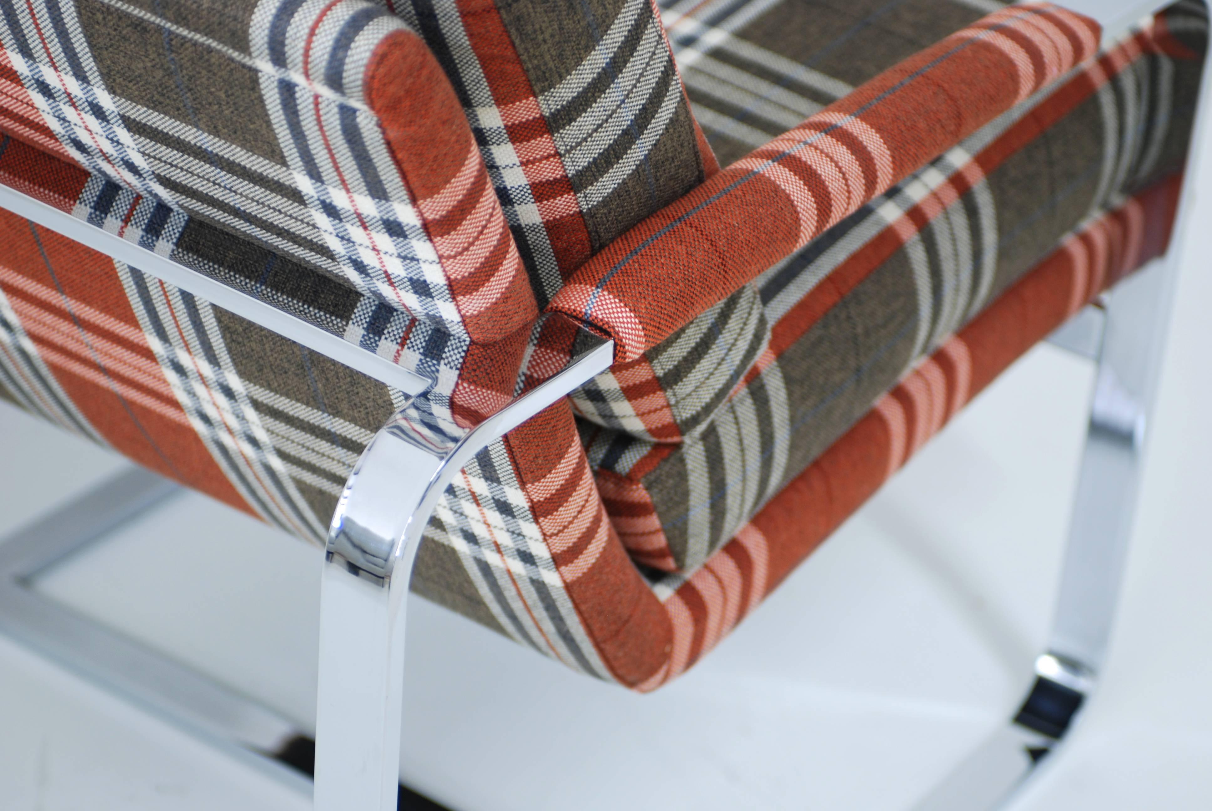 20th Century Chrome Milo Baughman Style Lounge Chair with Tartan Fabric