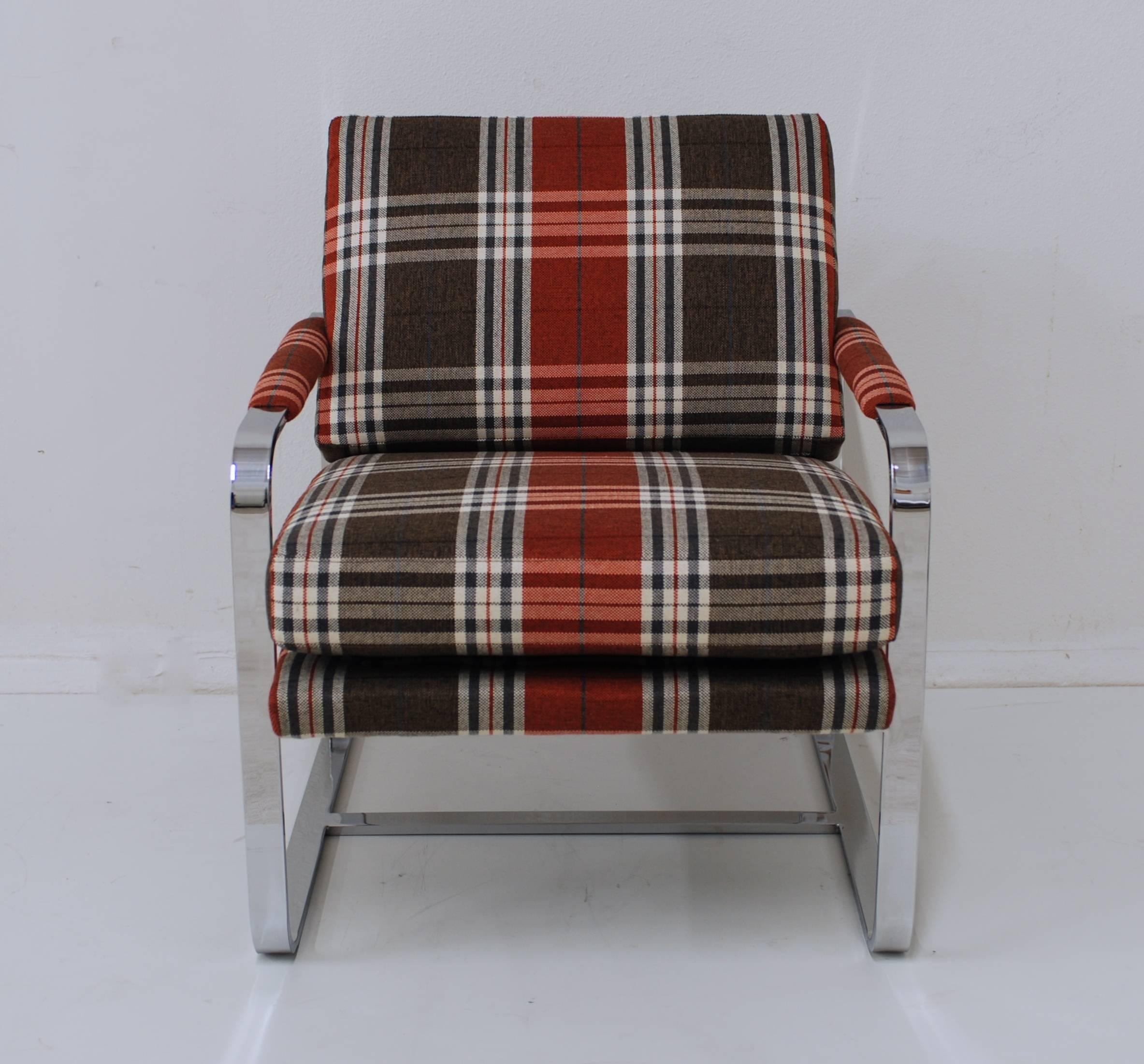 Chrome Milo Baughman Style Lounge Chair with Tartan Fabric 1