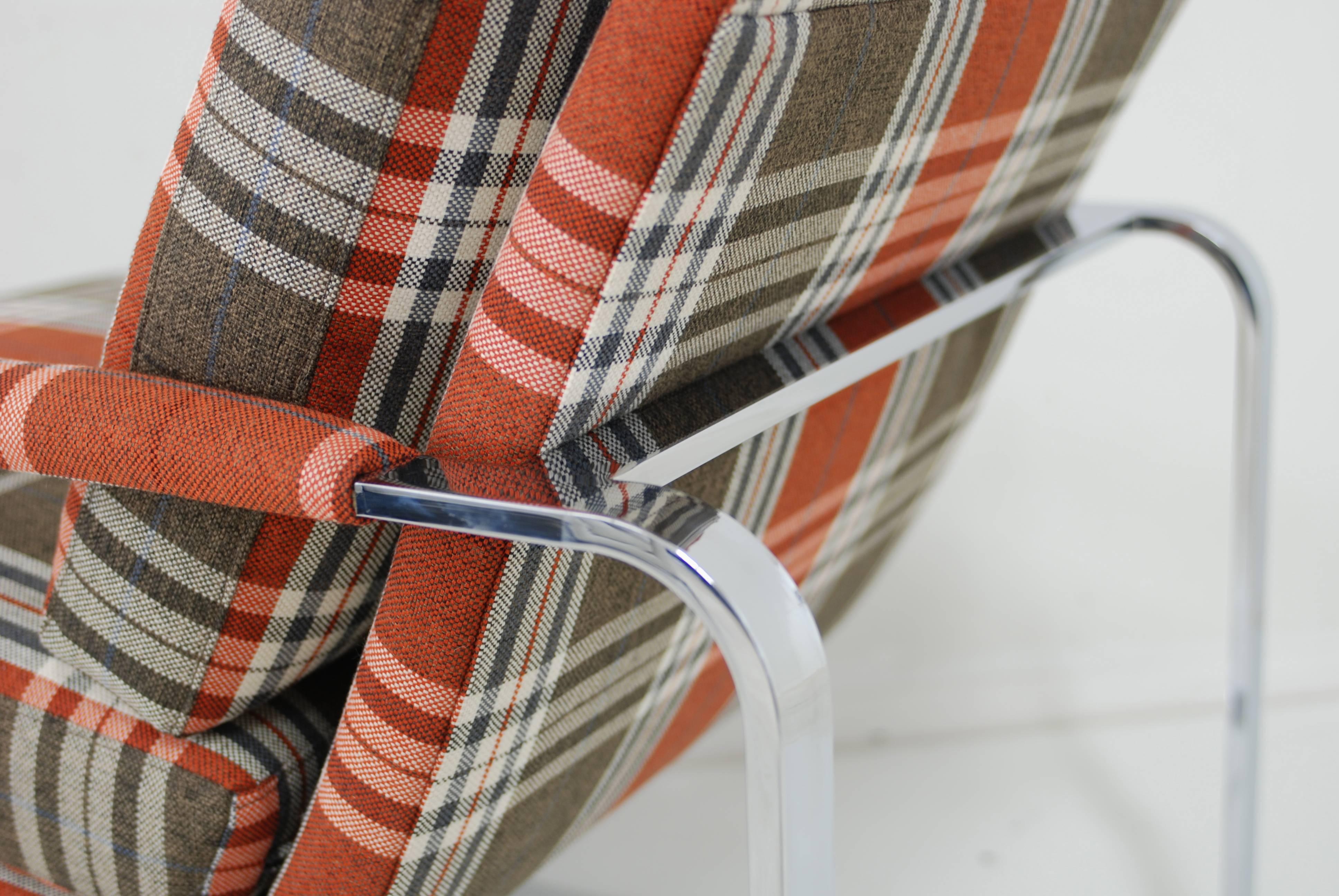 American Chrome Milo Baughman Style Lounge Chair with Tartan Fabric