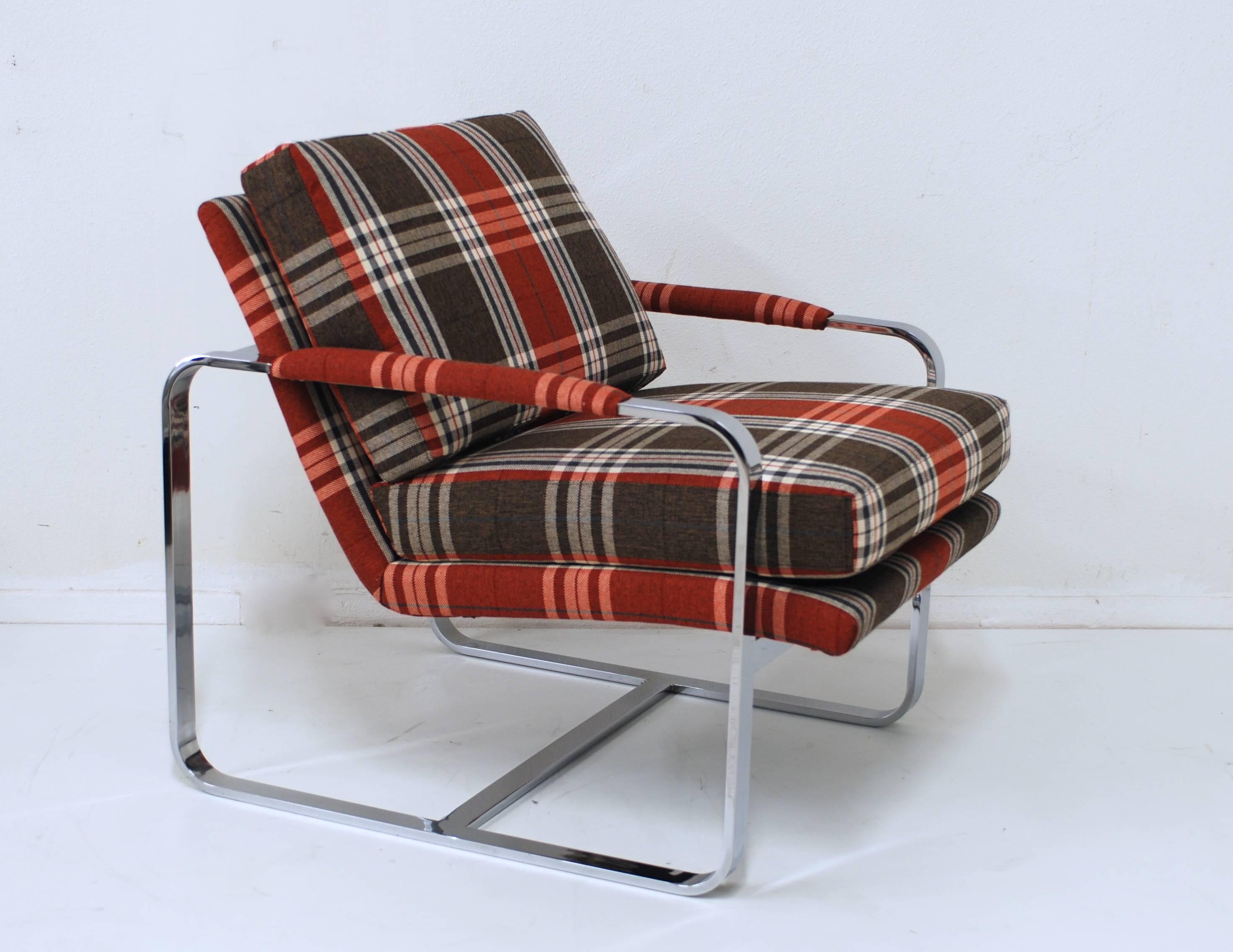 Upholstery Chrome Milo Baughman Style Lounge Chair with Tartan Fabric