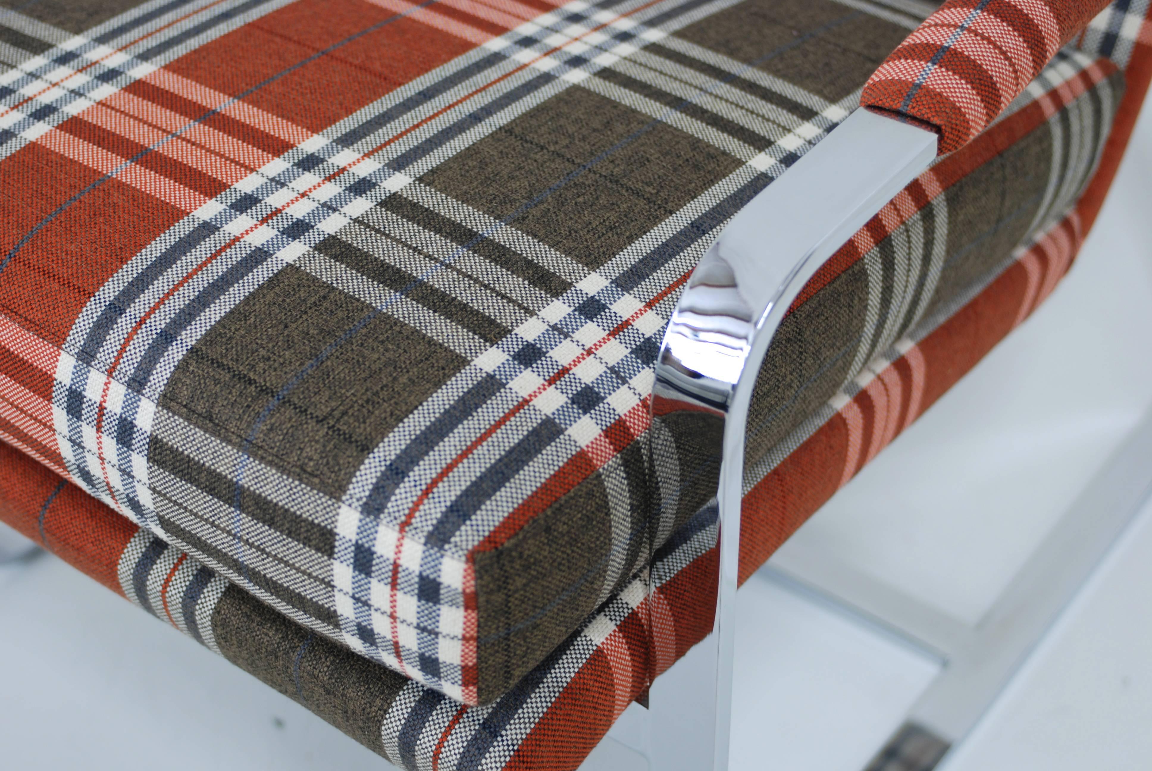 Chrome Milo Baughman Style Lounge Chair with Tartan Fabric 2