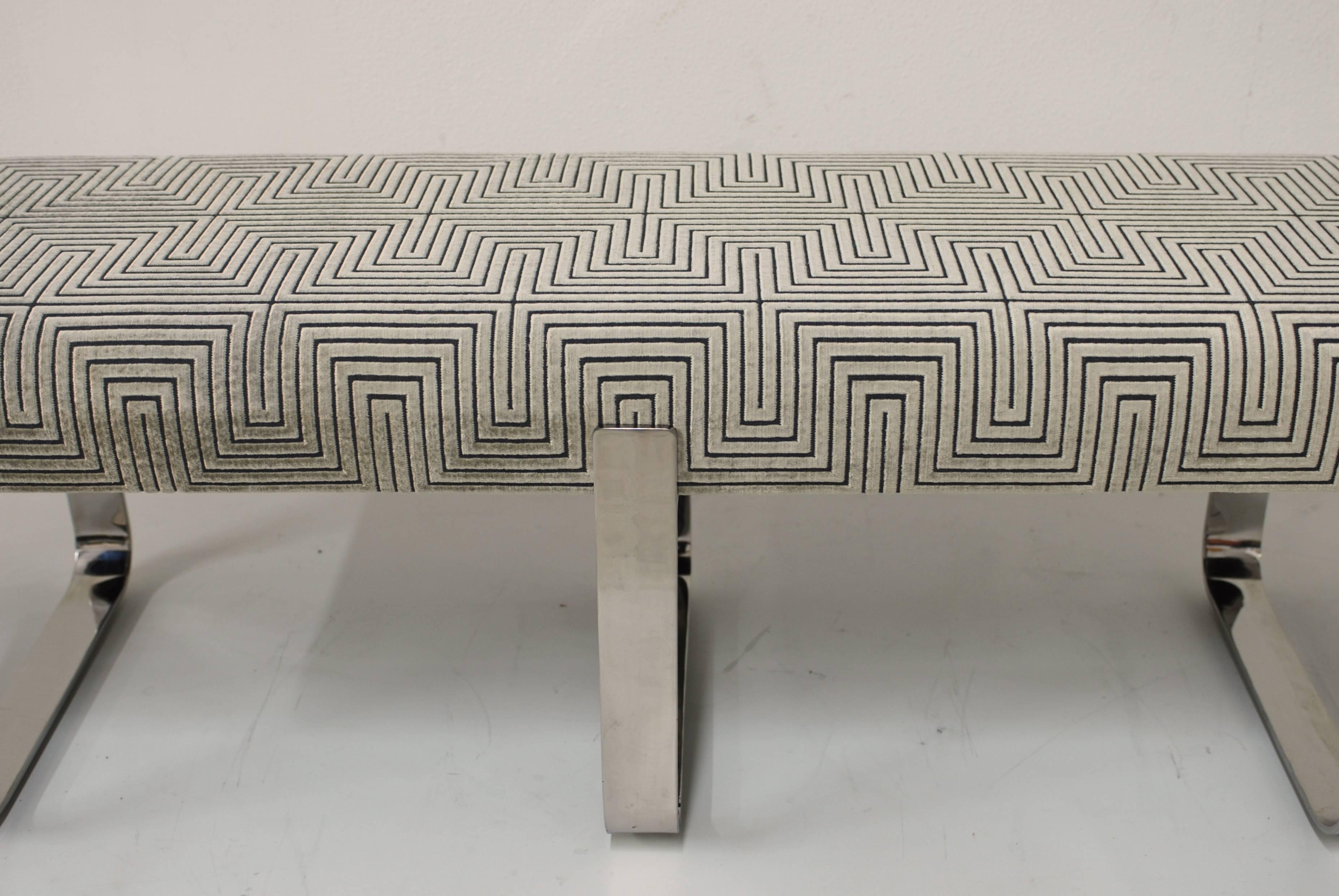 Vintage Midcentury Polished Chrome Bench Platinum Silver Grey Velvet Fabric In Good Condition In Palm Springs, CA