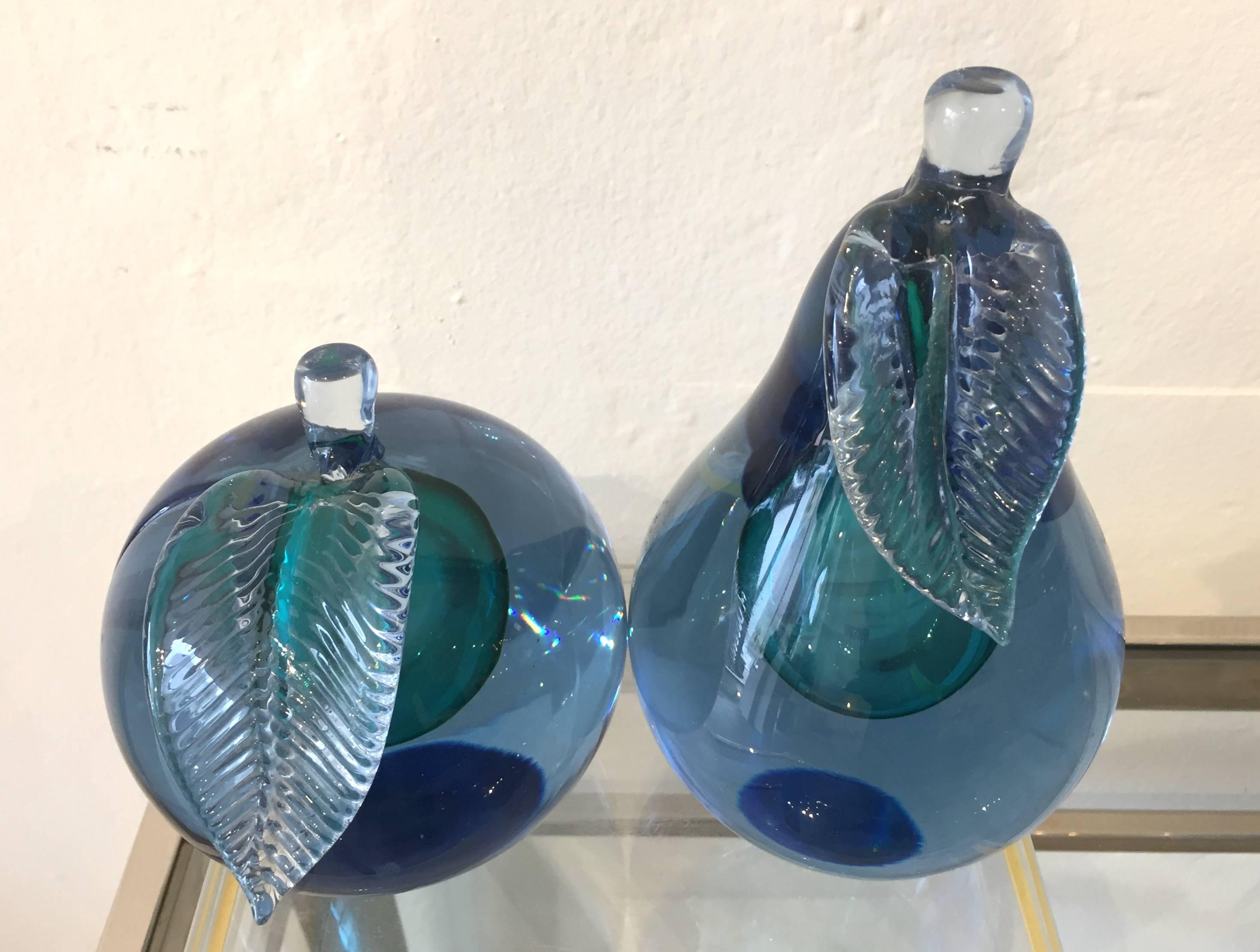 Mid-Century Modern Pair of Sommerso Murano Barbini Blue Green Apple and Pear Art Glass Bookends