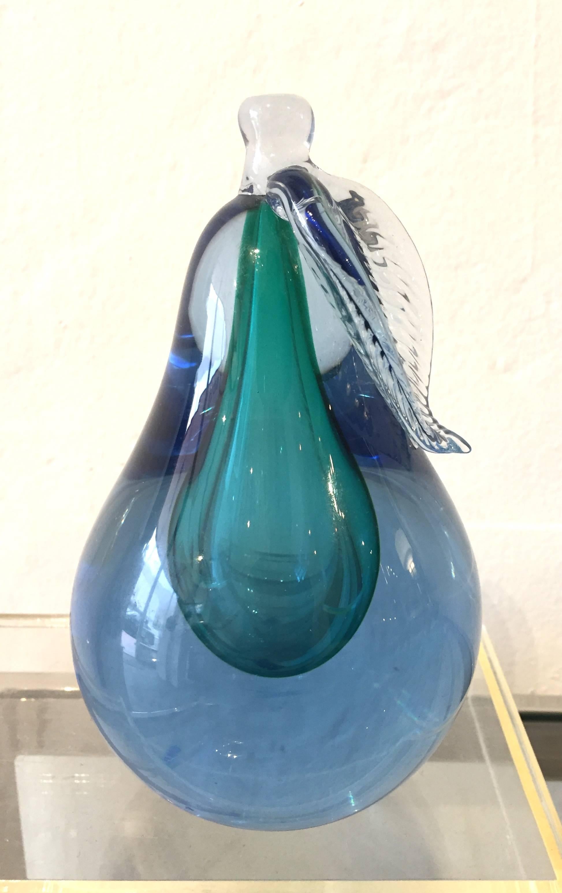 Pair of Sommerso Murano Barbini Blue Green Apple and Pear Art Glass Bookends 1